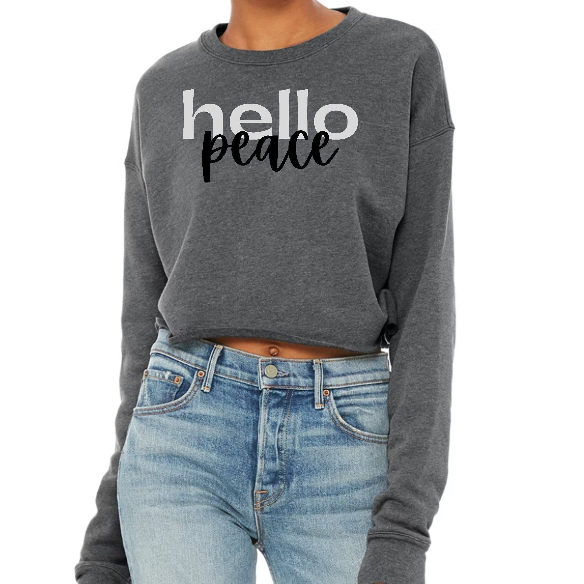 Women's cropped graphic sweatshirt in grey and black featuring 'Hello Peace' motivational design, showcasing a relaxed fit and long sleeves.