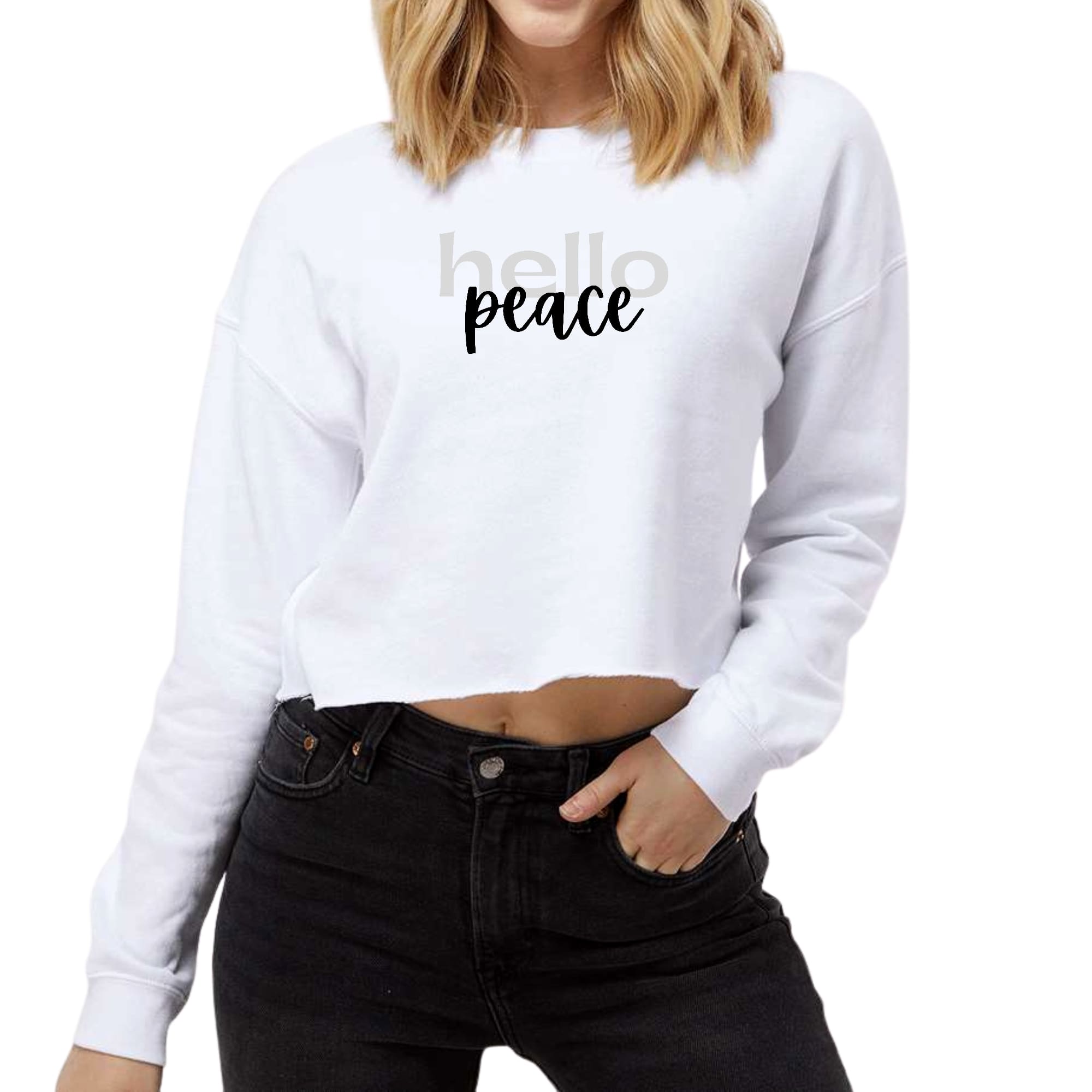 Women's cropped graphic sweatshirt in grey and black featuring 'Hello Peace' motivational design, showcasing a relaxed fit and long sleeves.