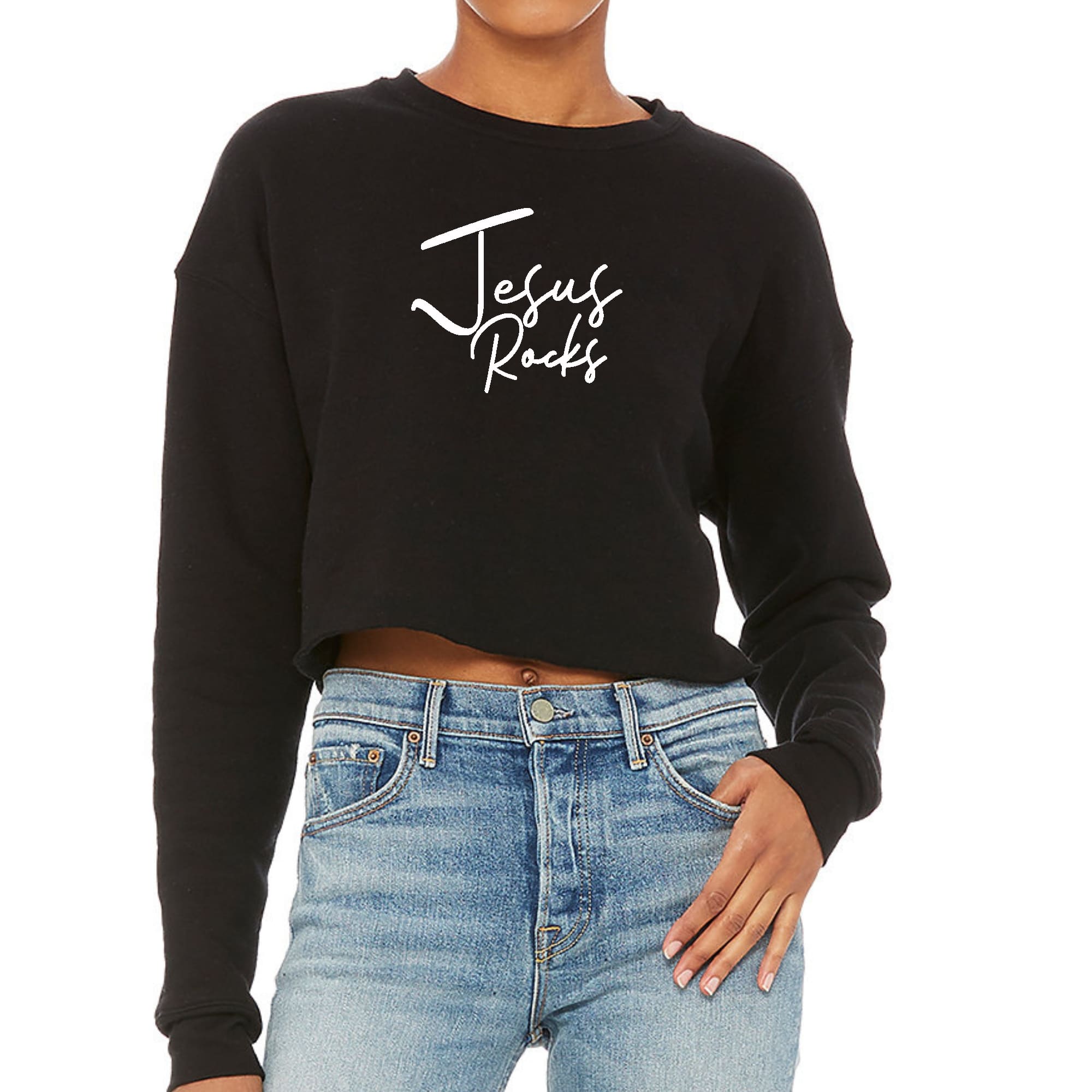 Women's cropped graphic sweatshirt featuring a stylish Jesus Rocks print, made from soft fleece material with a relaxed fit.