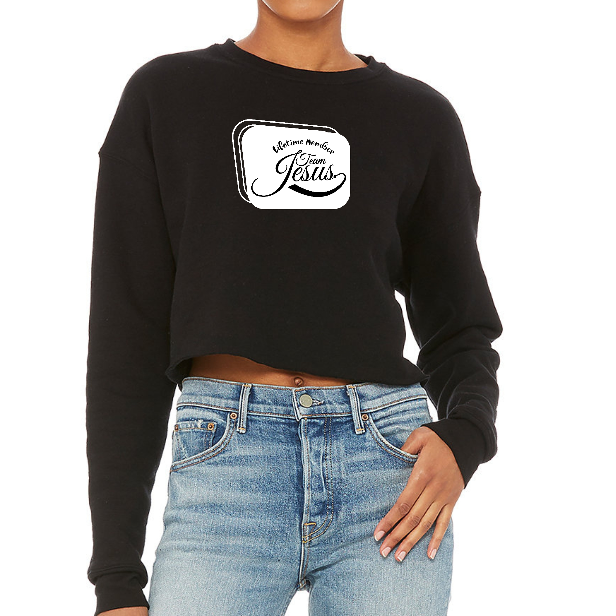 Women's cropped graphic sweatshirt featuring Team Jesus illustration, showcasing a stylish and comfortable design.