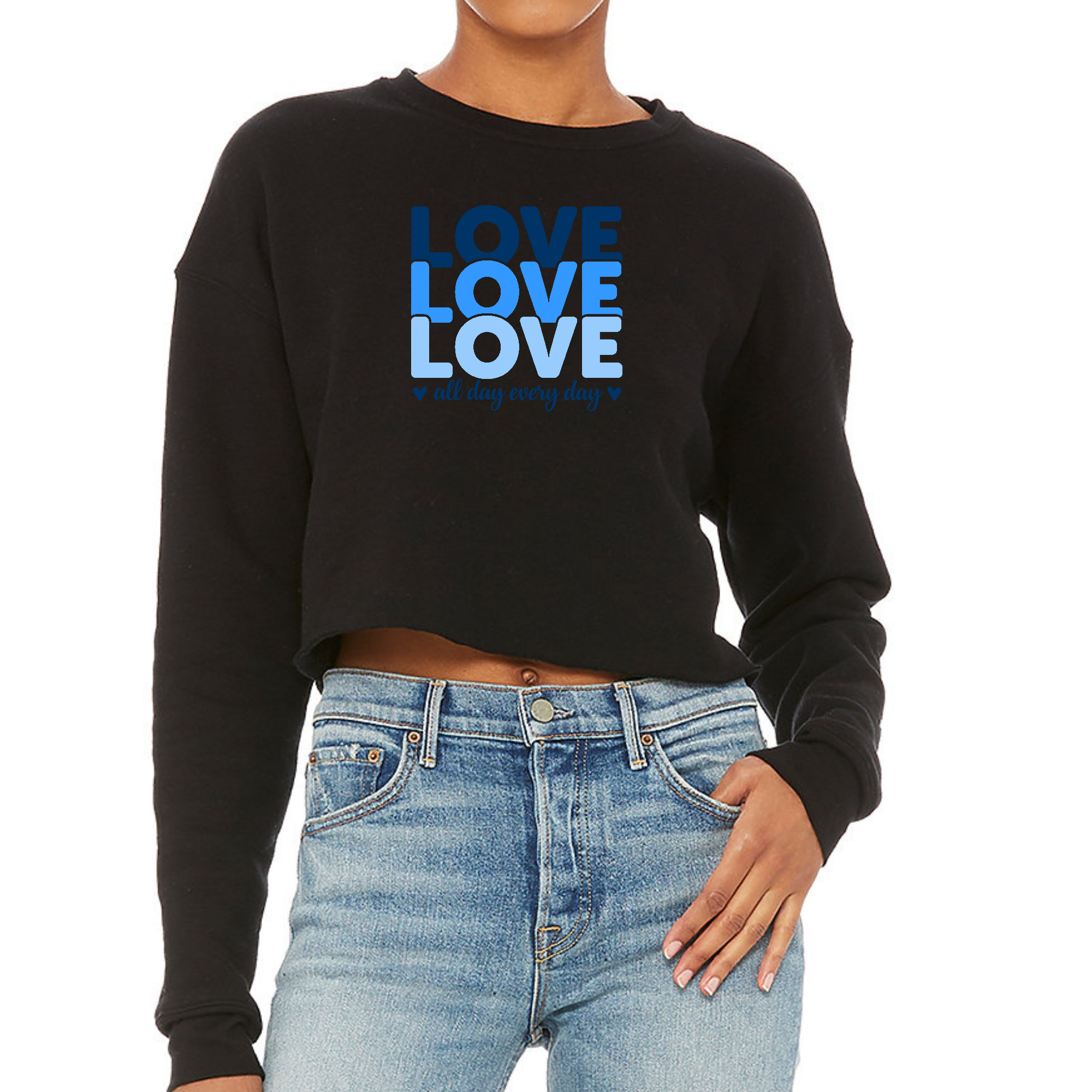 Women's Cropped Graphic Sweatshirt in blue with 'Love All Day Every Day' print, showcasing a cozy fleece design and crewneck style.