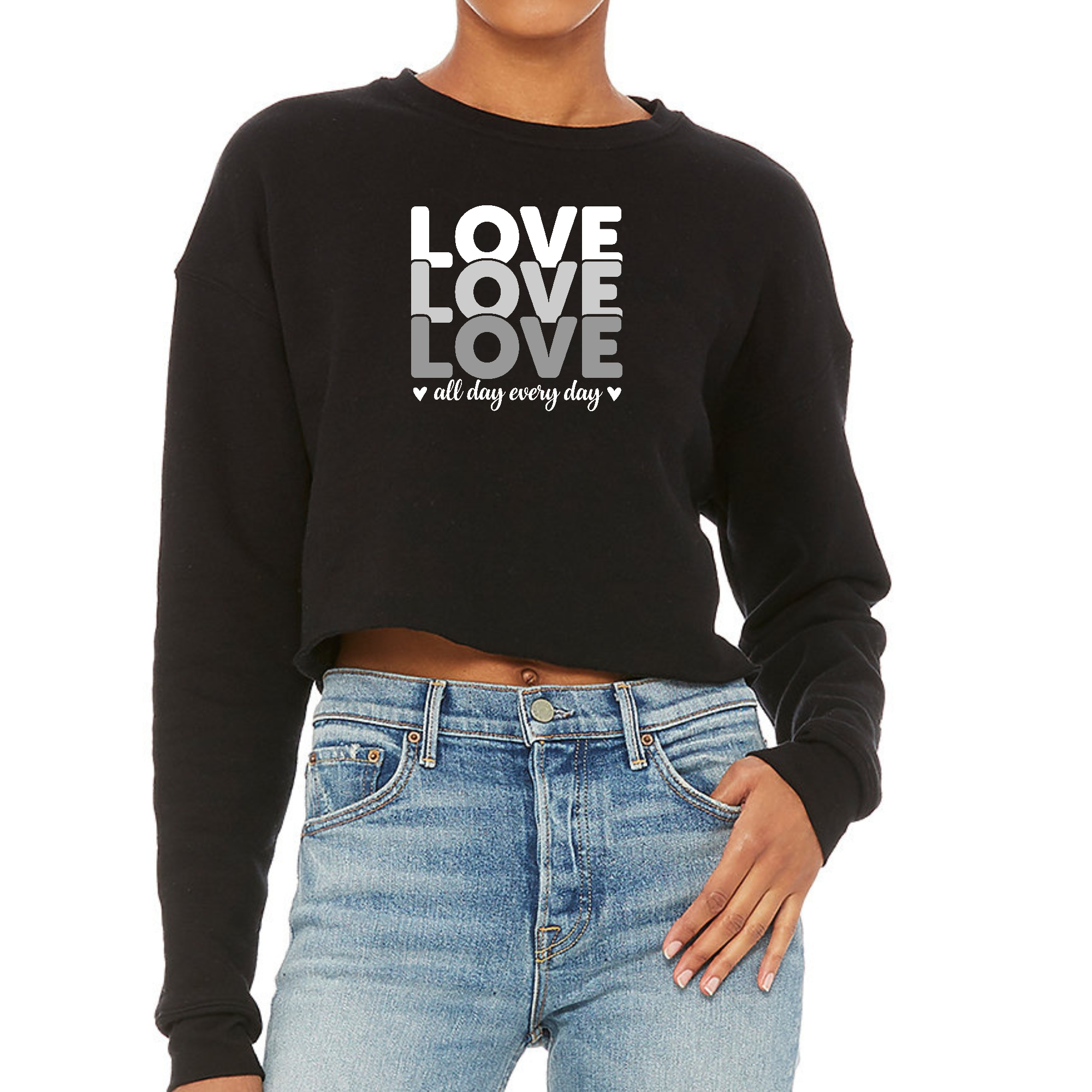 Womens Cropped Graphic Sweatshirt in white and grey with 'Love All Day Every Day' print, showcasing cozy fleece and stylish cropped design.