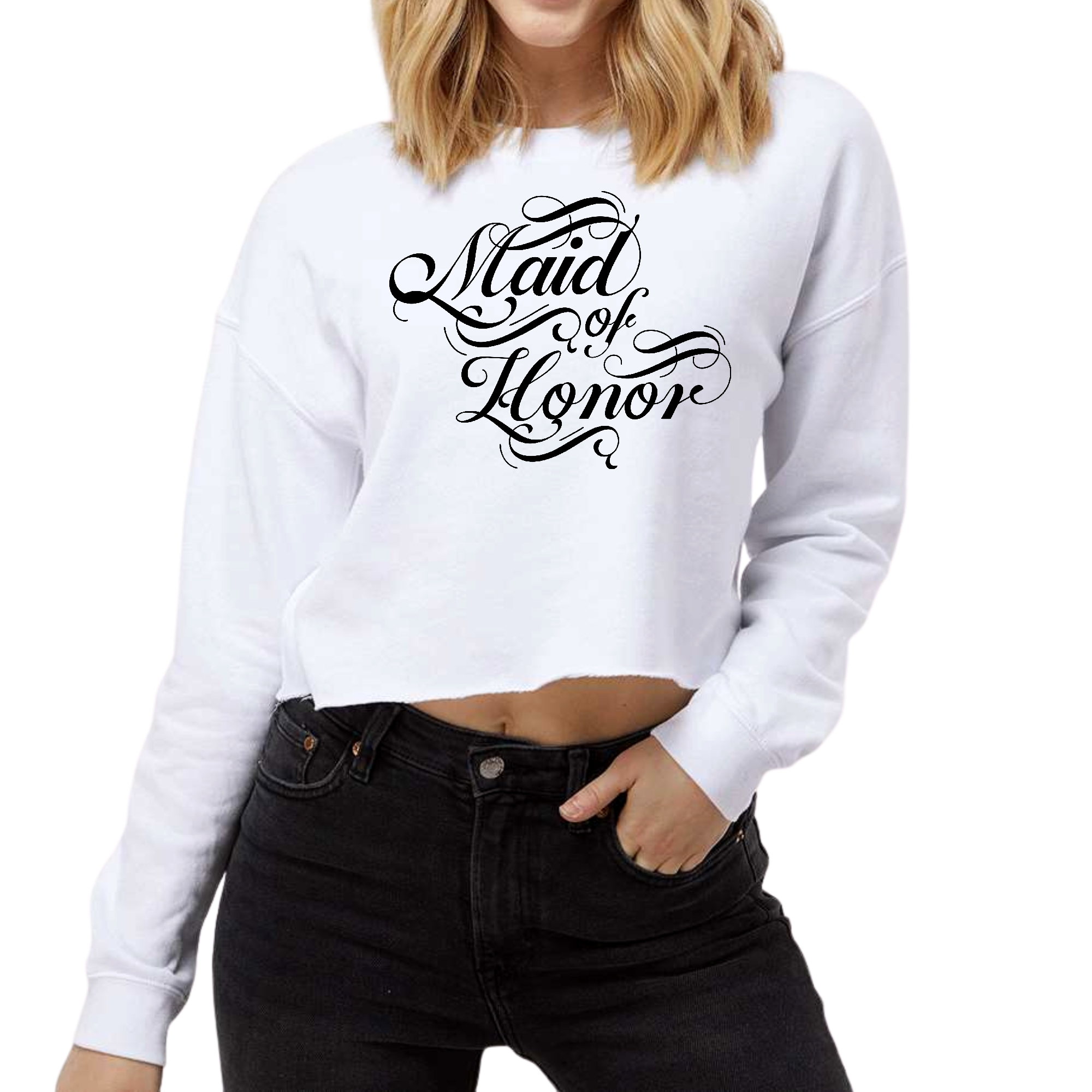 Women's cropped graphic sweatshirt in heather grey, featuring 'Maid of Honor' text, perfect for bridal parties.