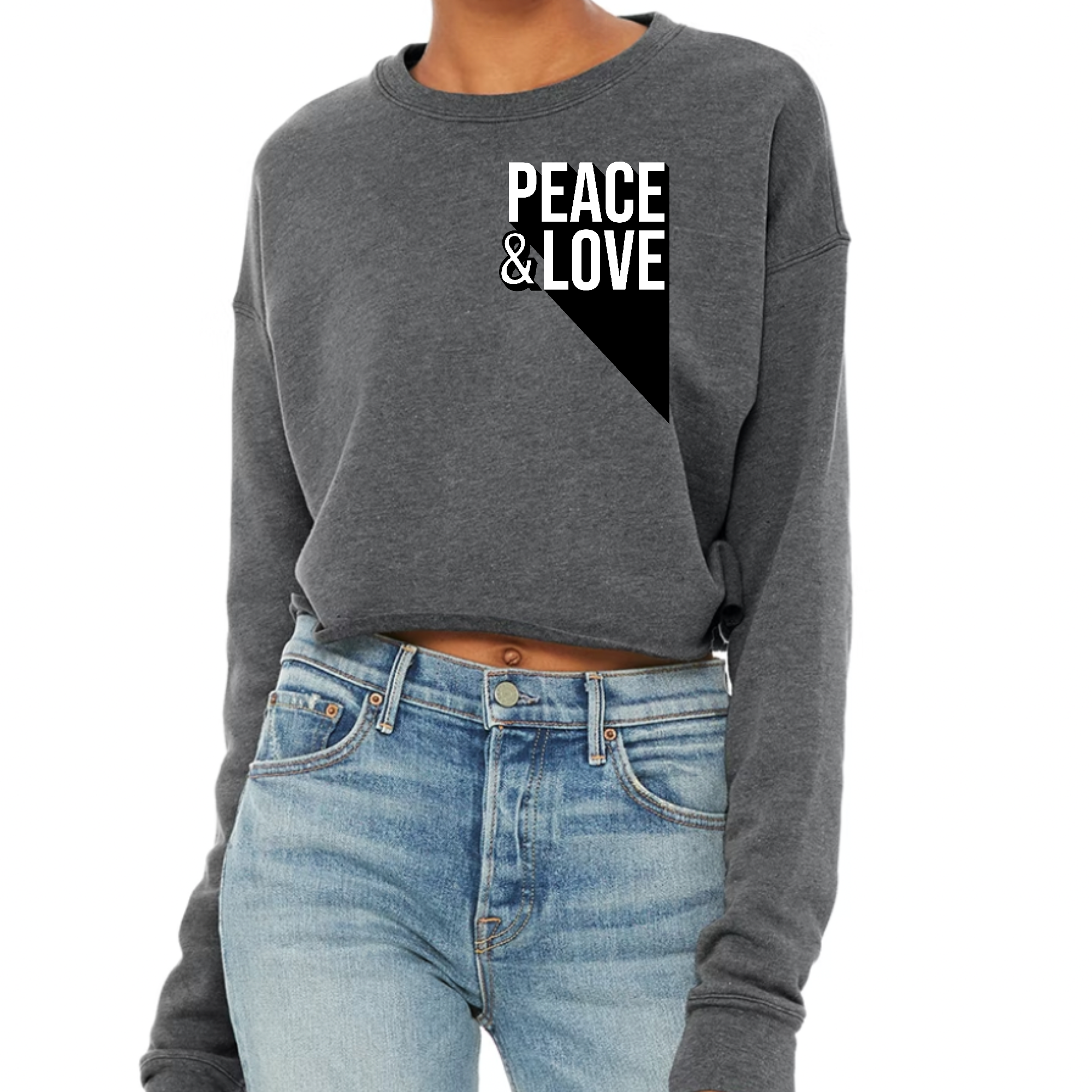 Women's cropped graphic sweatshirt featuring a colorful Peace and Love print, designed for comfort and style.