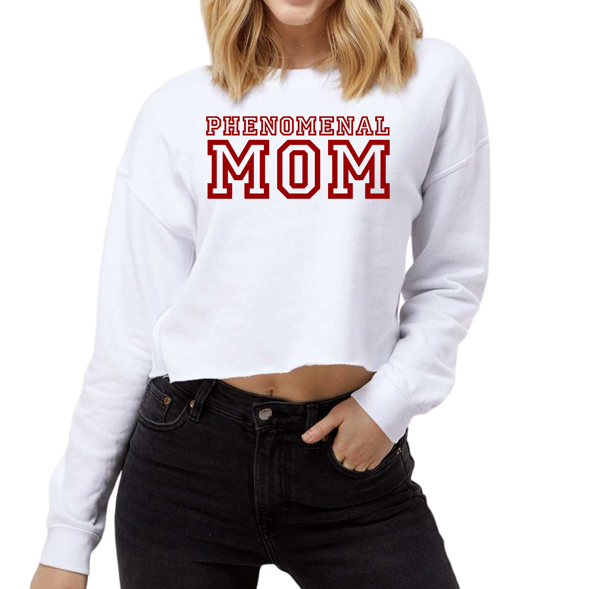 Women's cropped graphic sweatshirt in red with 'Phenomenal Mom' print, featuring a crew neck and ribbed cuffs.