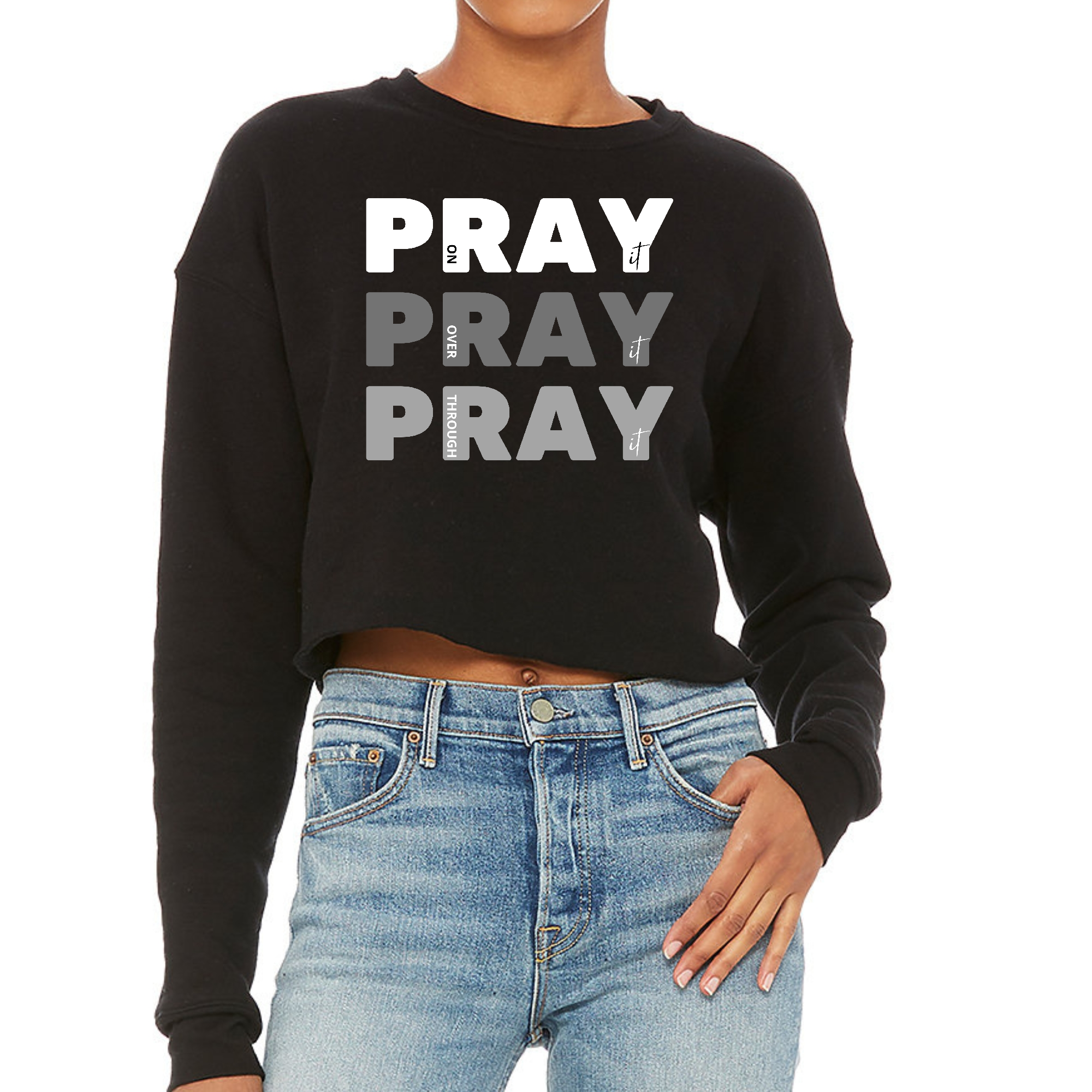 Women's cropped graphic sweatshirt with inspirational scripture design, featuring a relaxed fit and soft fleece material.