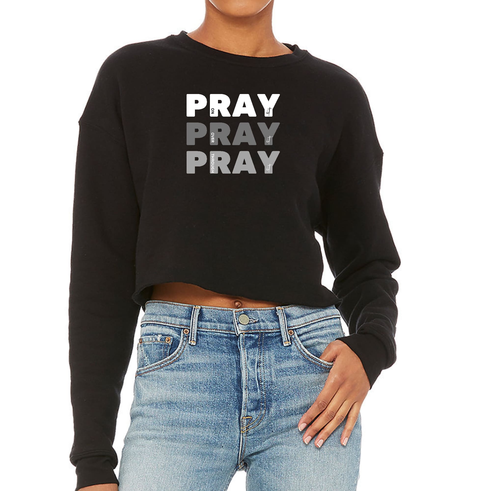 Women's cropped graphic sweatshirt with inspirational scripture design, featuring a relaxed fit and soft fleece material.