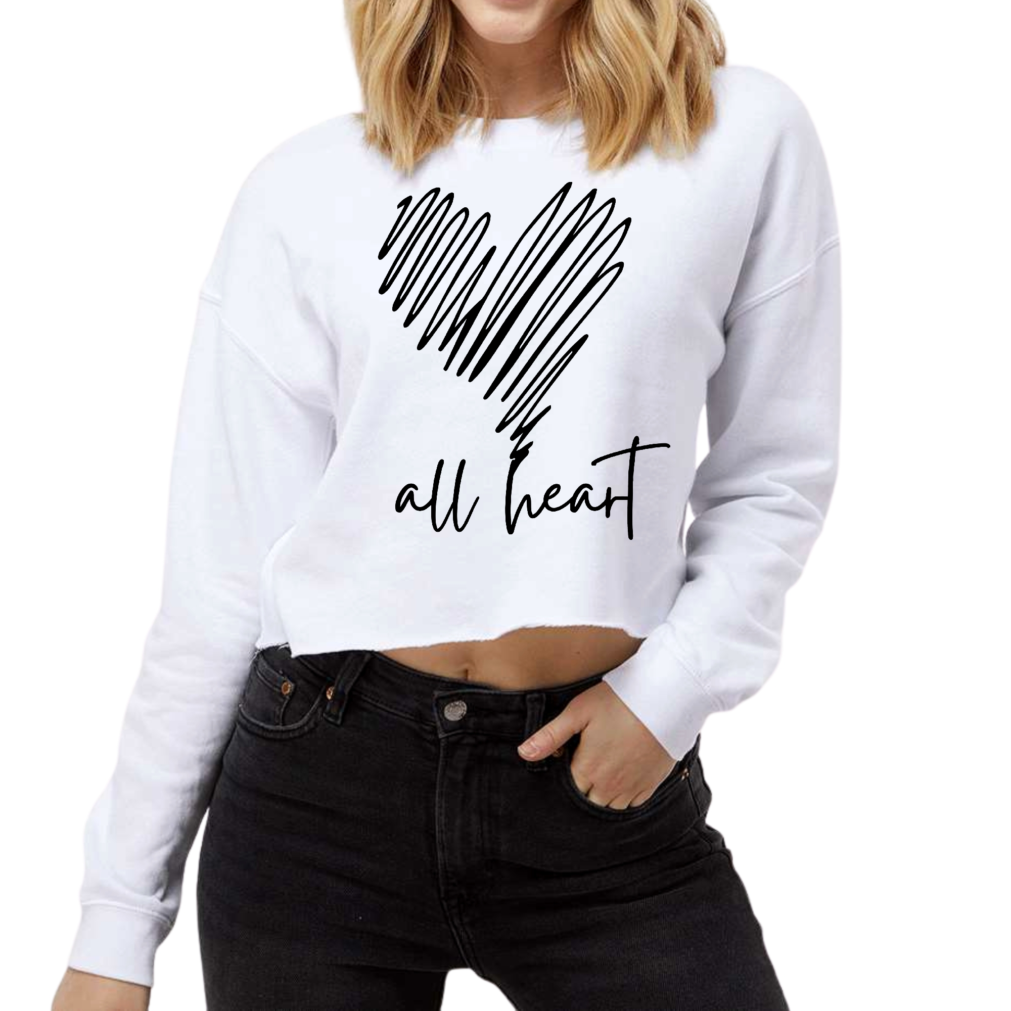 Women's cropped graphic sweatshirt in heather grey with 'Say it Soul, All Heart' line art design, featuring a crew neckline and ribbed cuffs.