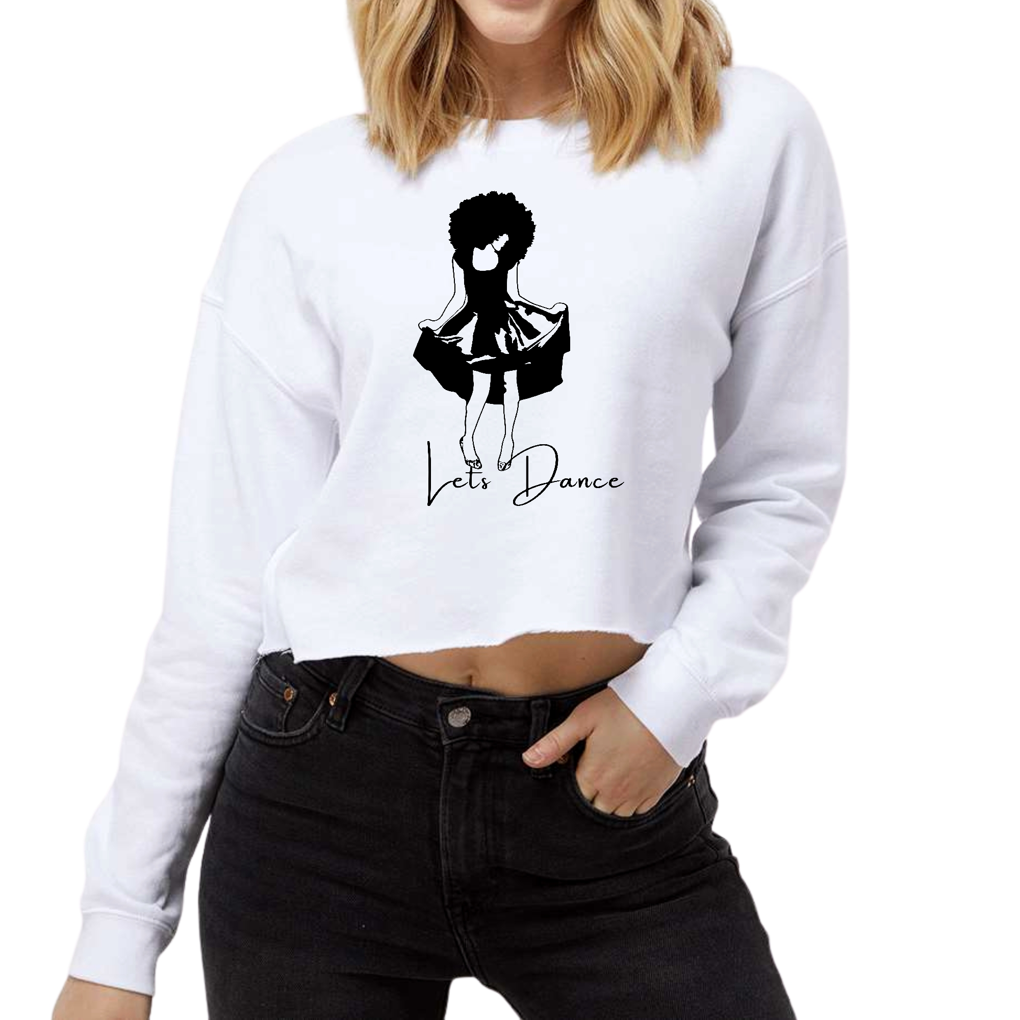 Womens Cropped Graphic Sweatshirt featuring 'Lets Dance' black line art print, showcasing a cozy fleece design and classic crewneck style.