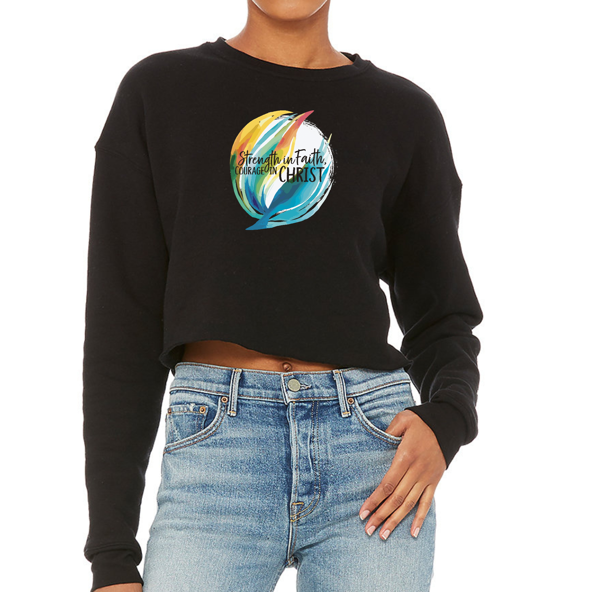 Women's cropped graphic sweatshirt with 'Strength in Faith, Courage in Christ' design, showcasing a relaxed fit and soft fleece material.