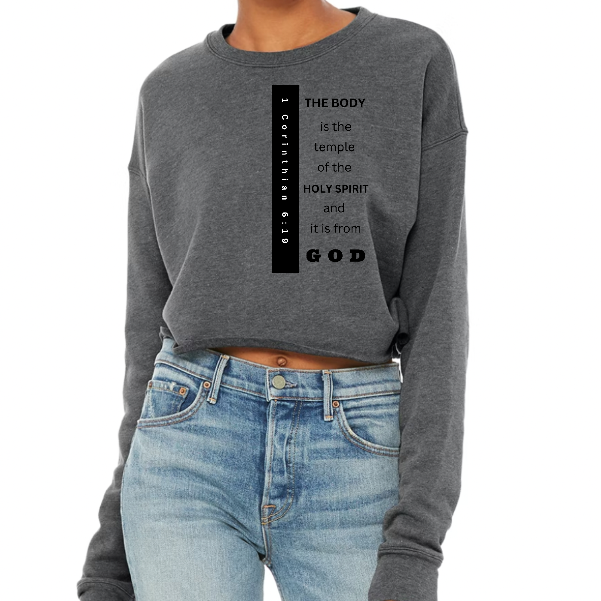 Women's cropped graphic sweatshirt in black featuring 'The Body is the Temple' print, showcasing a relaxed fit and long sleeves.