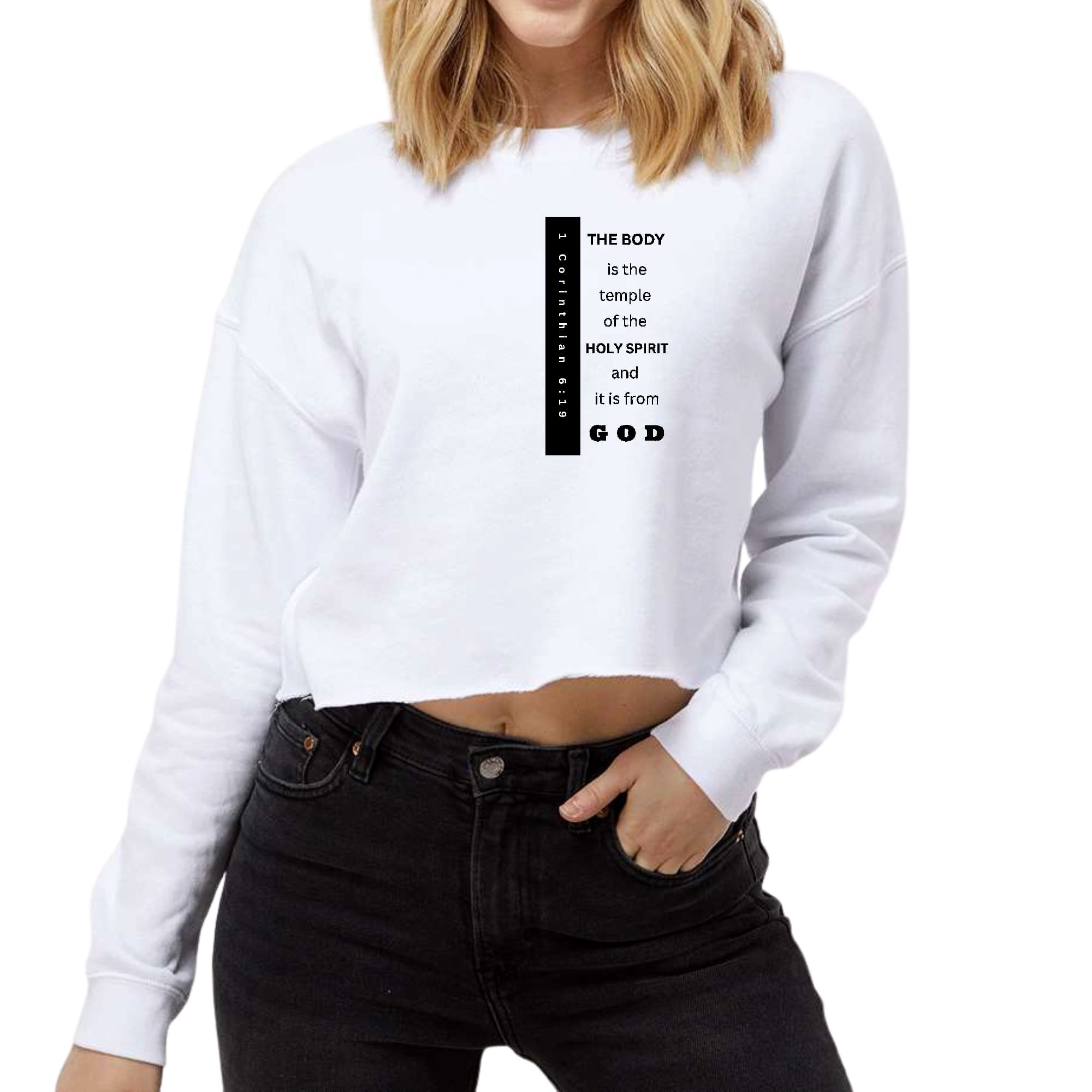 Women's cropped graphic sweatshirt in black featuring 'The Body is the Temple' print, showcasing a relaxed fit and long sleeves.