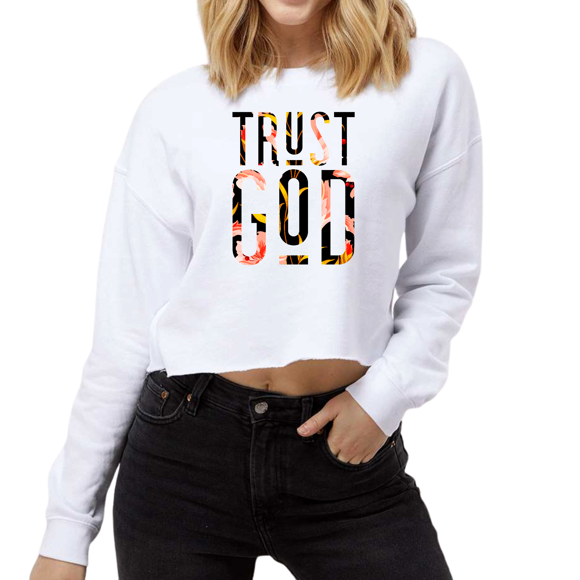 Womens Cropped Graphic Sweatshirt featuring a Trust God Floral Print, showcasing a cozy fleece design and stylish floral graphics.