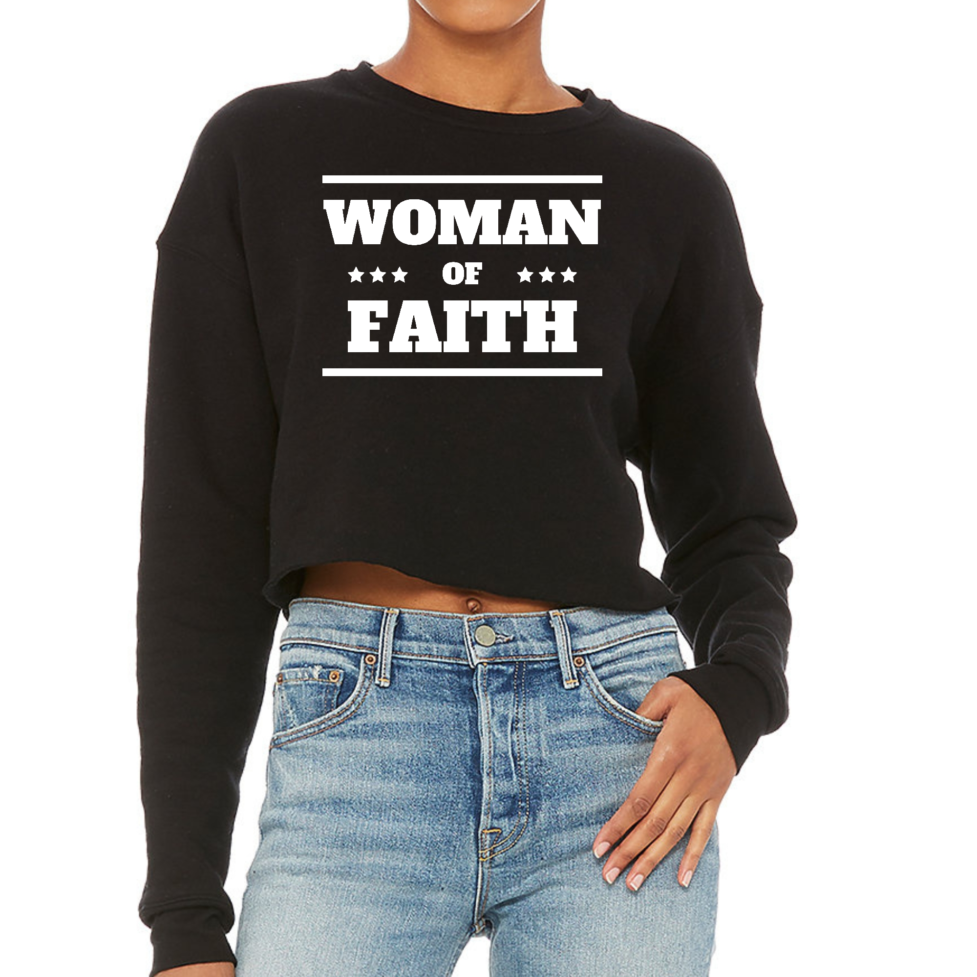 Women's cropped graphic sweatshirt featuring inspirational design, soft fleece material, and relaxed fit.