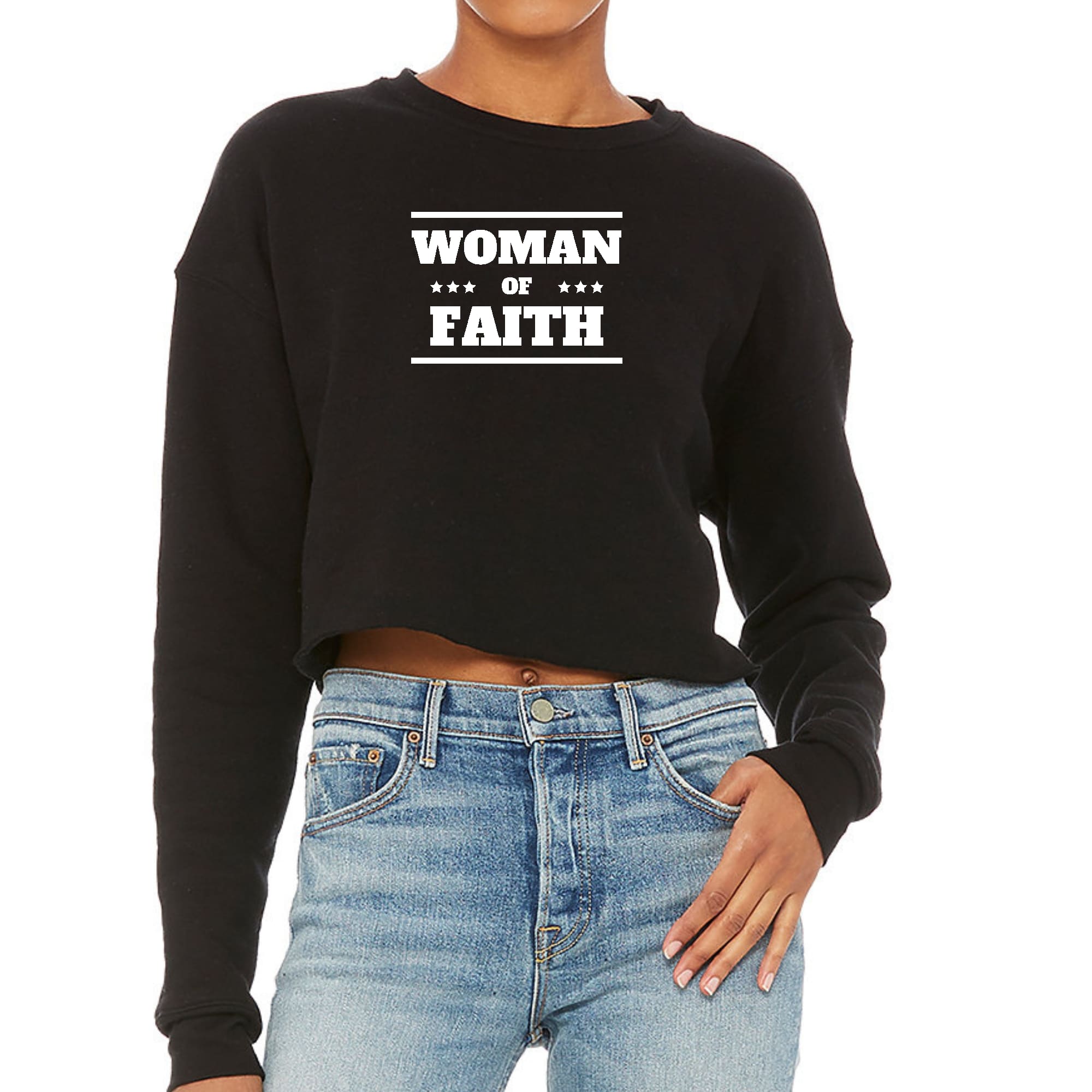 Women's cropped graphic sweatshirt featuring inspirational design, soft fleece material, and relaxed fit.