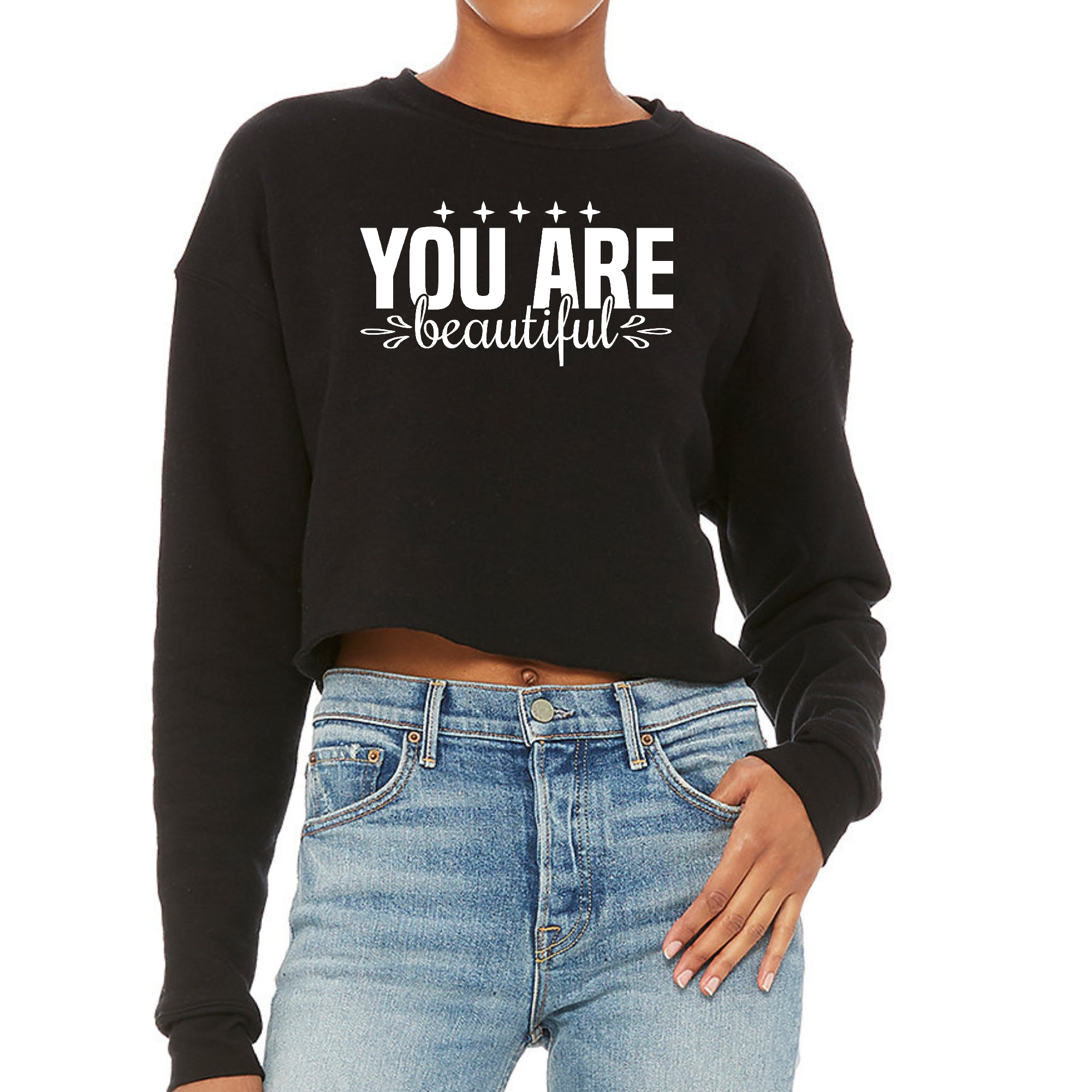 Women's cropped graphic sweatshirt featuring 'you are Beautiful' design, made from soft fleece material.