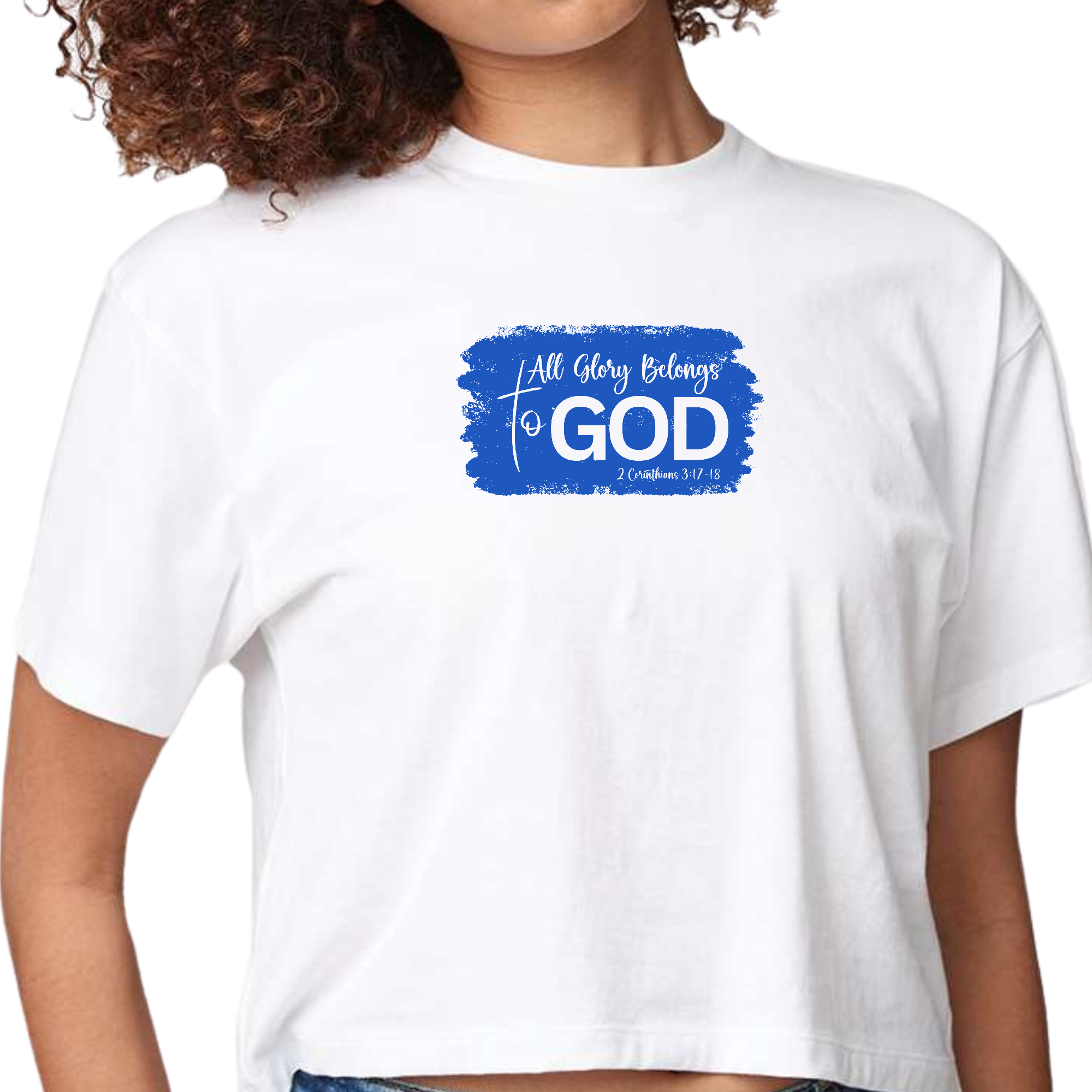 Womens Cropped Graphic T-shirt with 'All Glory Belongs to God' design, showcasing a stylish and comfortable fit in soft cotton fabric.