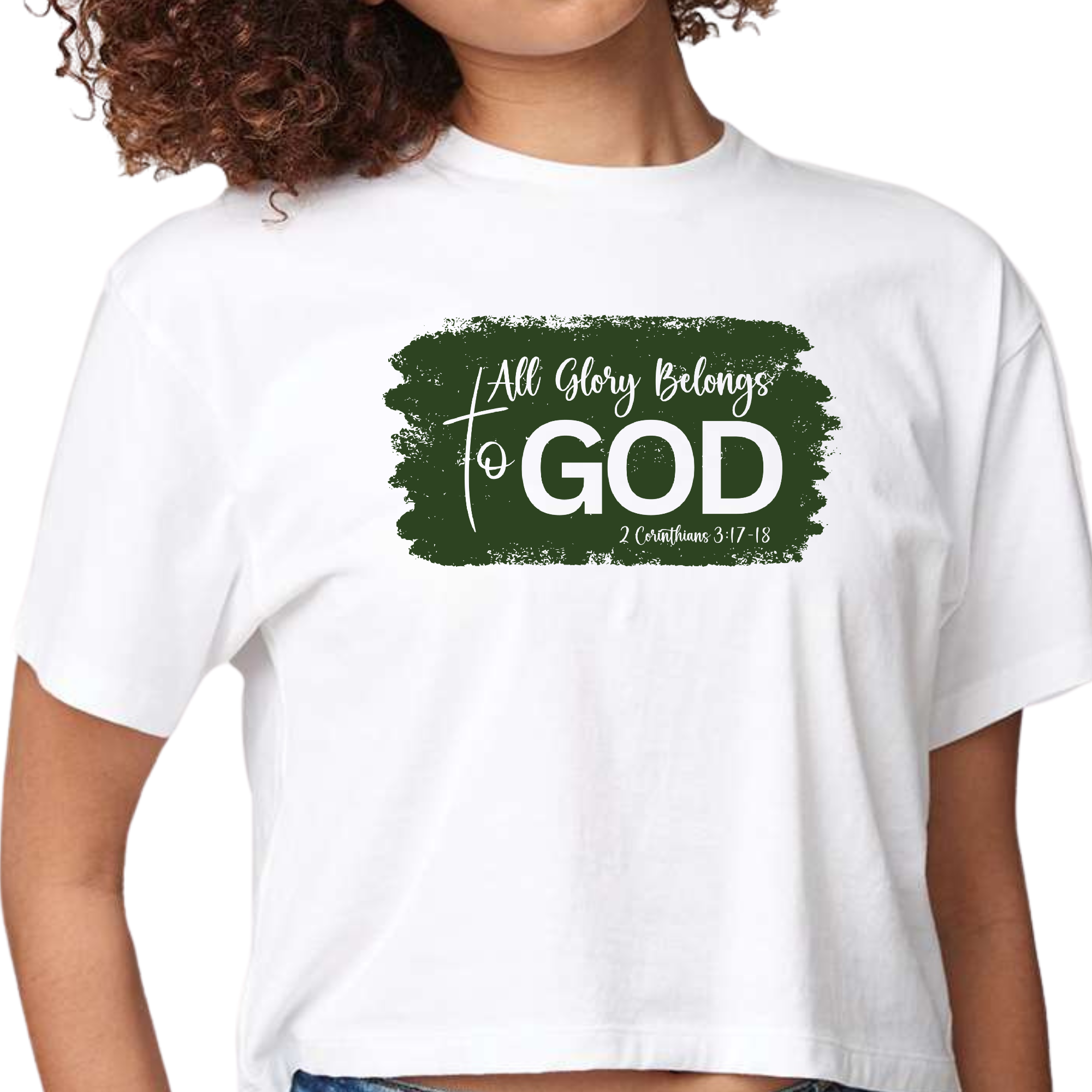 Women's cropped graphic t-shirt in dark green featuring 'All Glory Belongs to God' illustration, perfect for casual wear and self-expression.