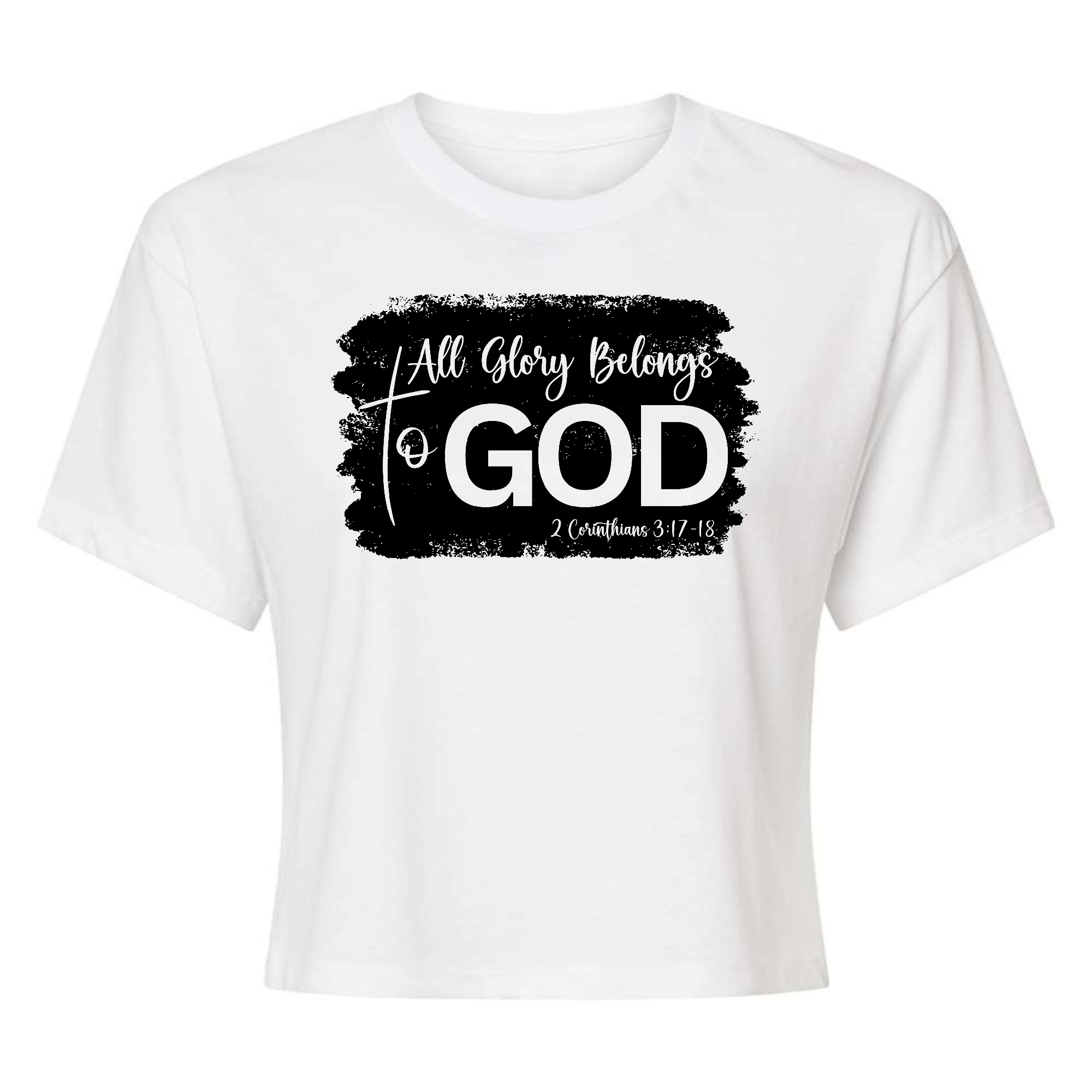 Womens cropped graphic t-shirt featuring 'All Glory Belongs to God' print in black, made from soft preshrunk cotton.