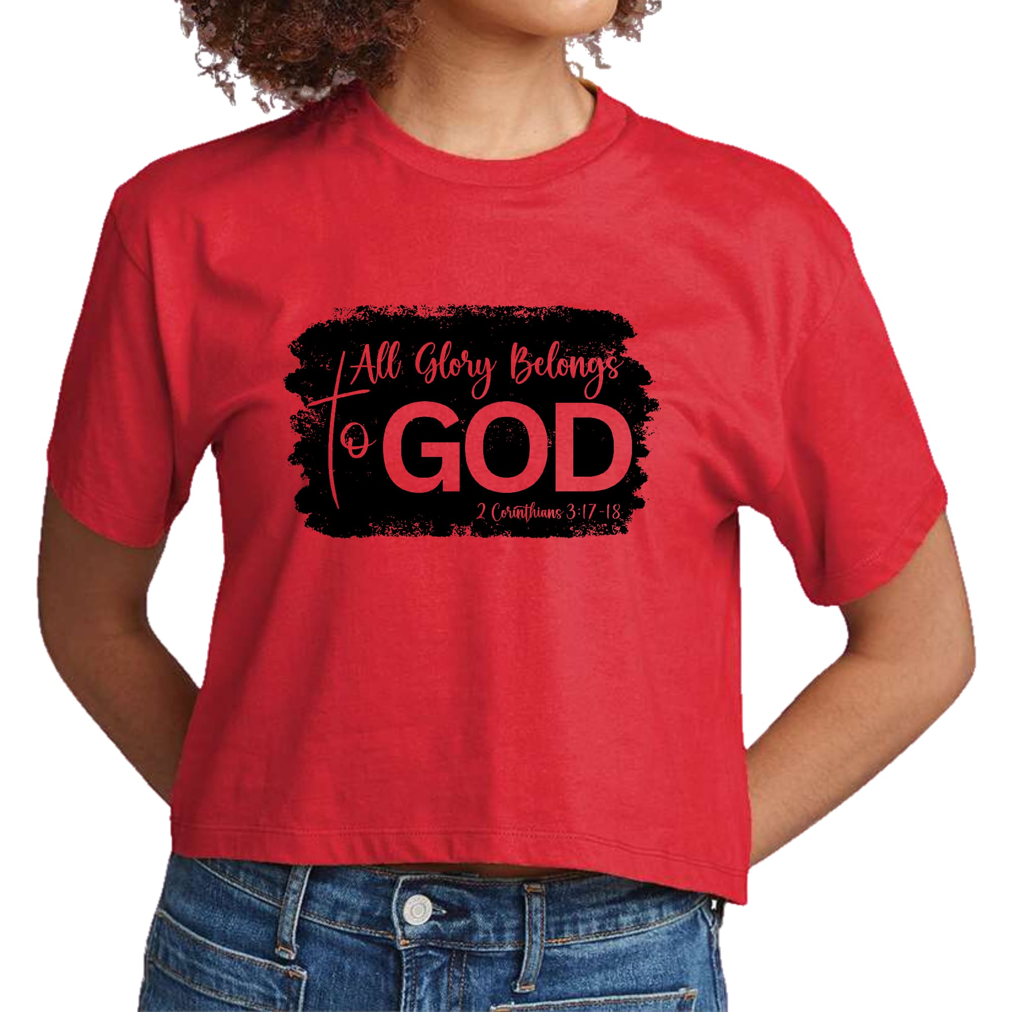 Womens cropped graphic t-shirt featuring 'All Glory Belongs to God' print in black, made from soft preshrunk cotton.