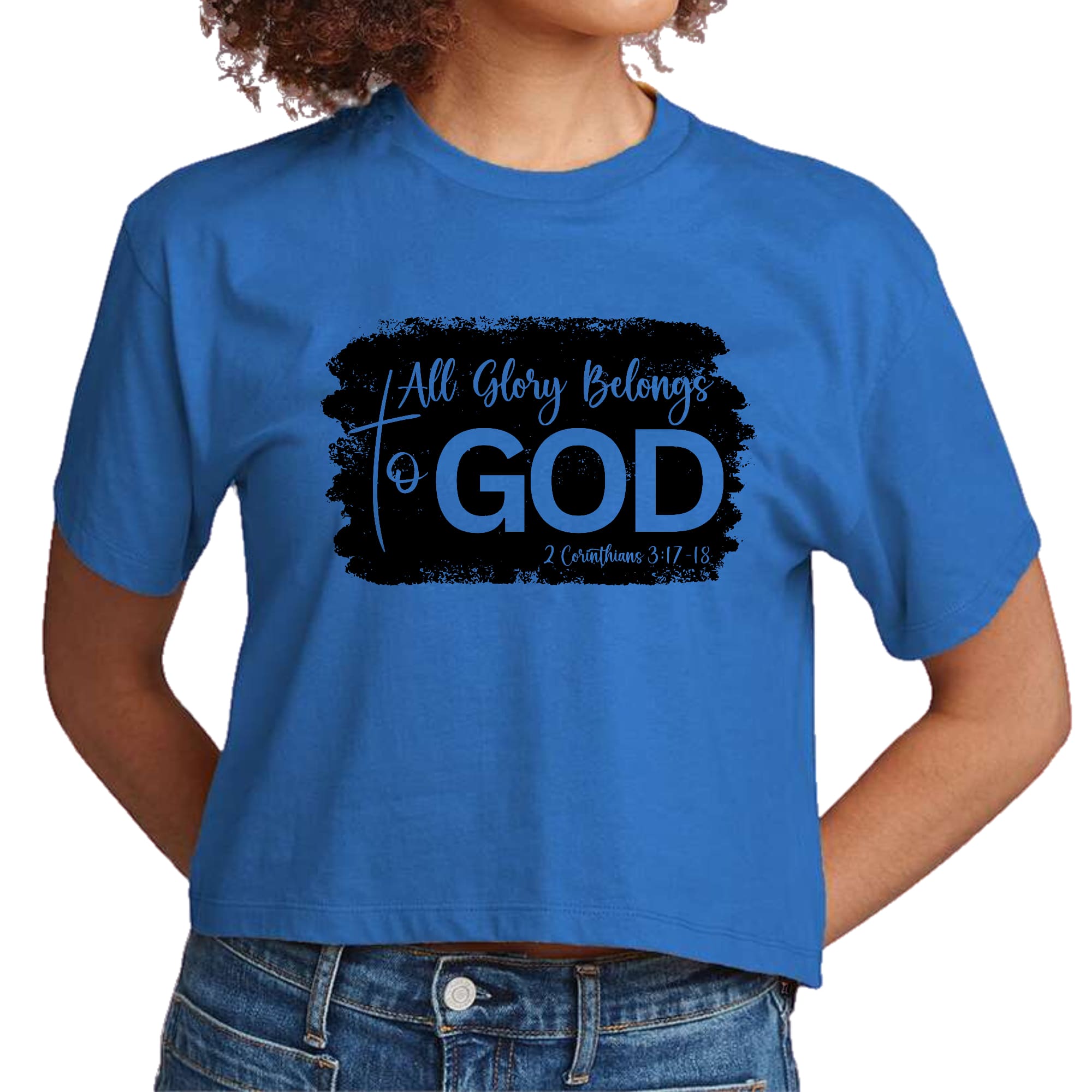 Womens cropped graphic t-shirt featuring 'All Glory Belongs to God' print in black, made from soft preshrunk cotton.