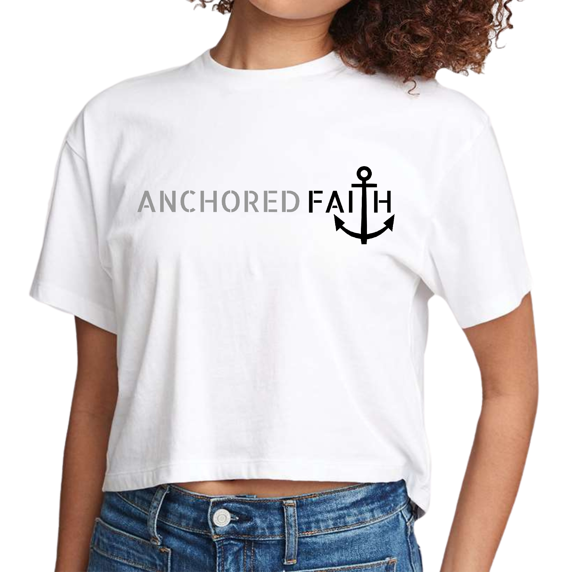 Womens Cropped Graphic T-shirt in grey and black featuring Anchored Faith print, showcasing its soft fabric and stylish design.