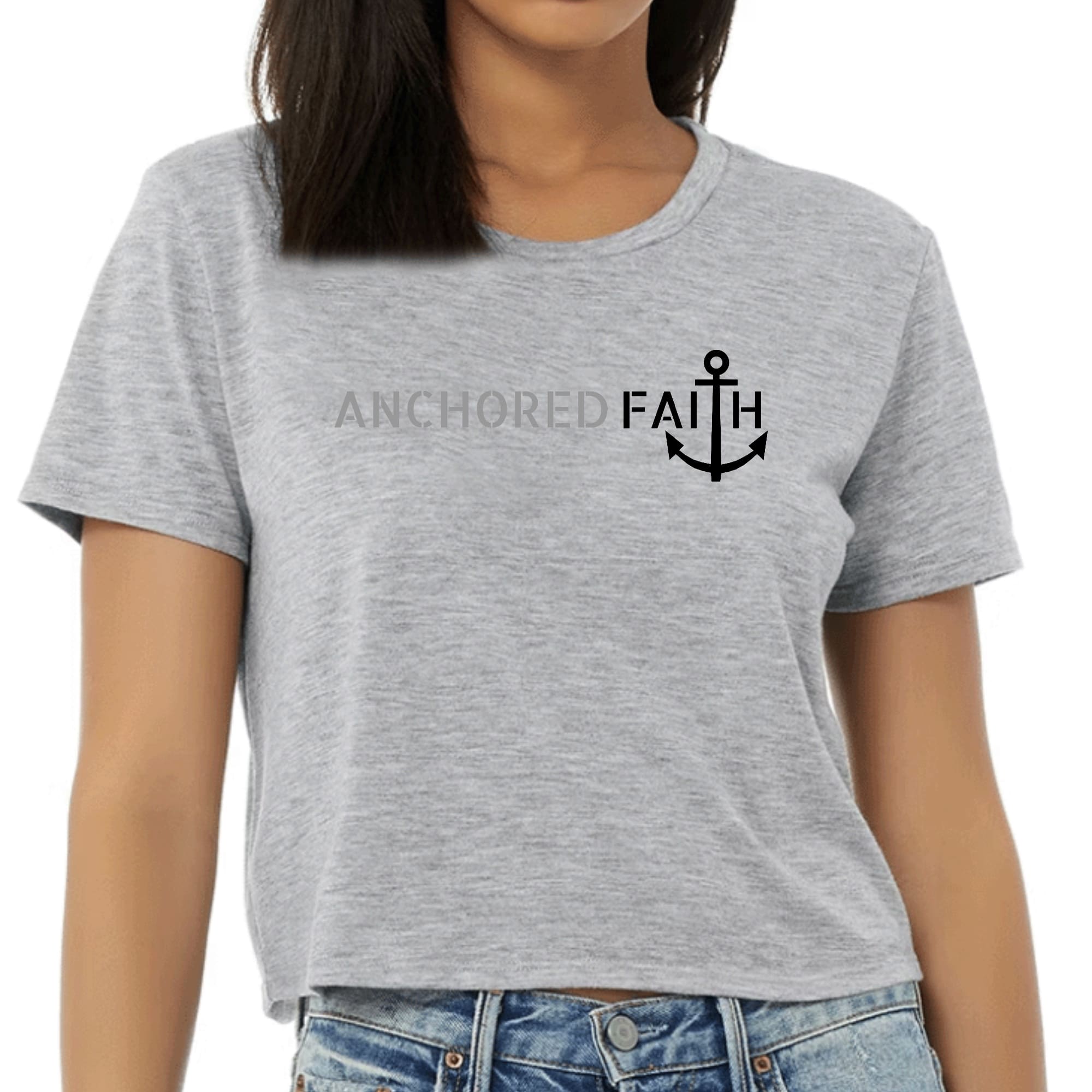 Womens Cropped Graphic T-shirt in grey and black featuring Anchored Faith print, showcasing its soft fabric and stylish design.