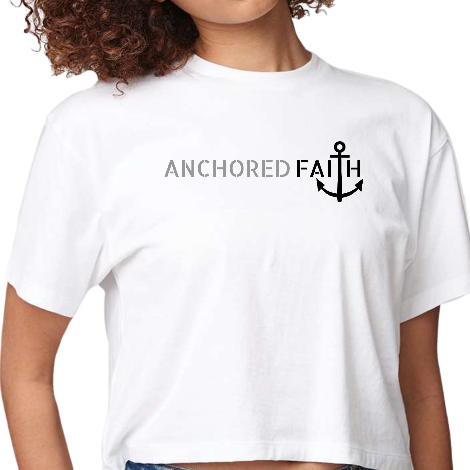 Womens Cropped Graphic T-shirt in grey and black featuring Anchored Faith print, showcasing its soft fabric and stylish design.