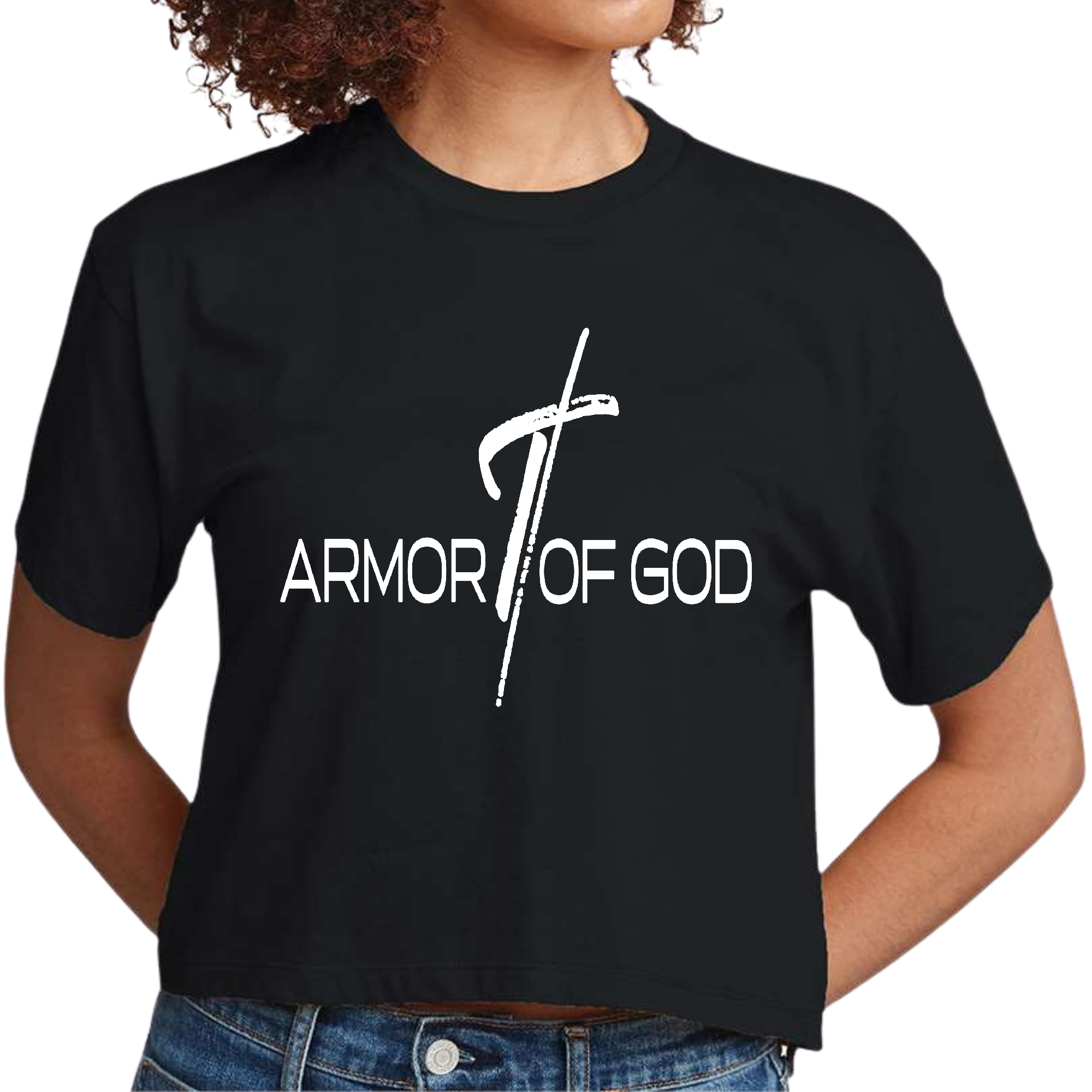 Women's Cropped Graphic T-shirt featuring Armor of God design, showcasing soft cotton fabric and stylish cropped fit.