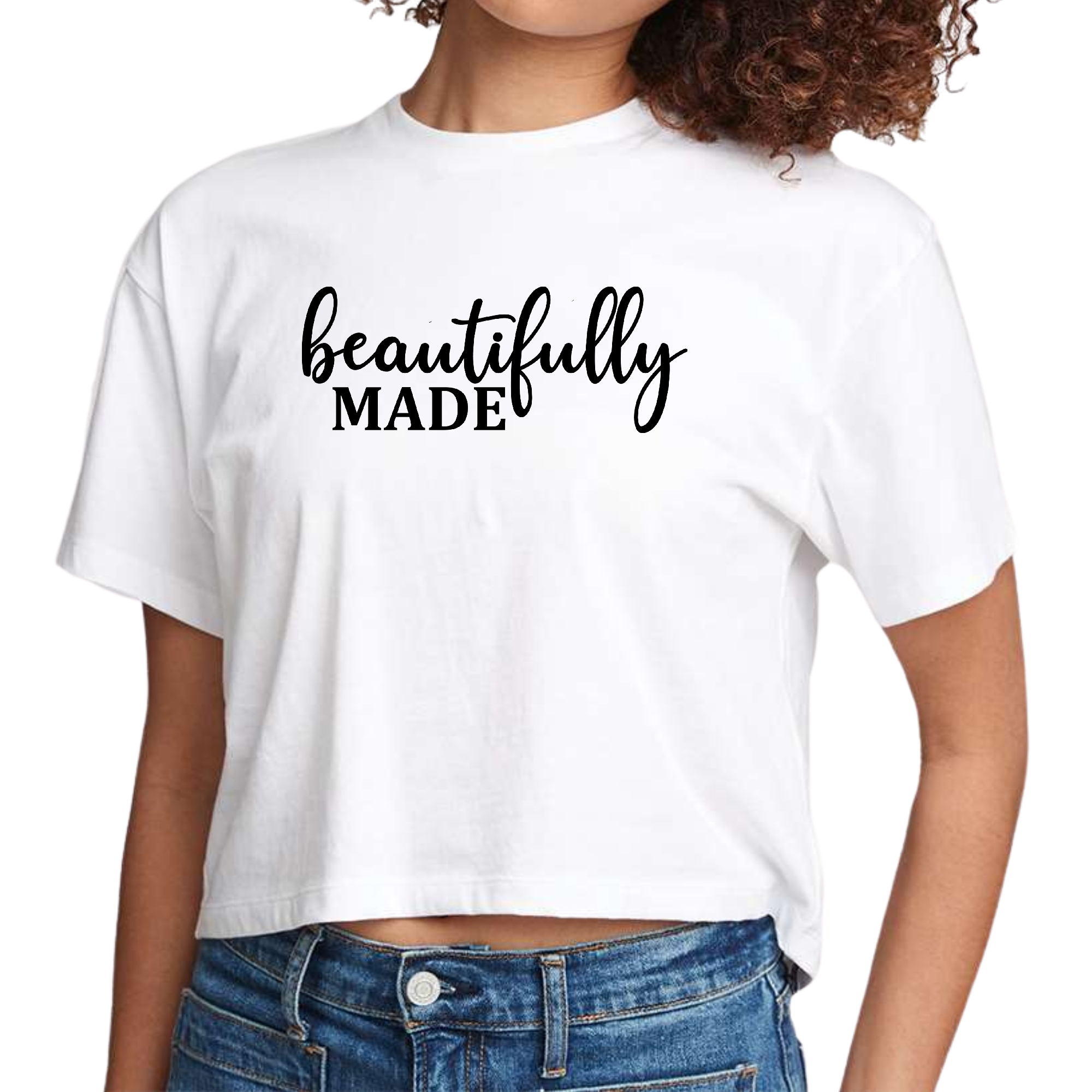 A stylish women's cropped graphic t-shirt made of soft cotton, featuring a unique inspirational design, perfect for casual wear.