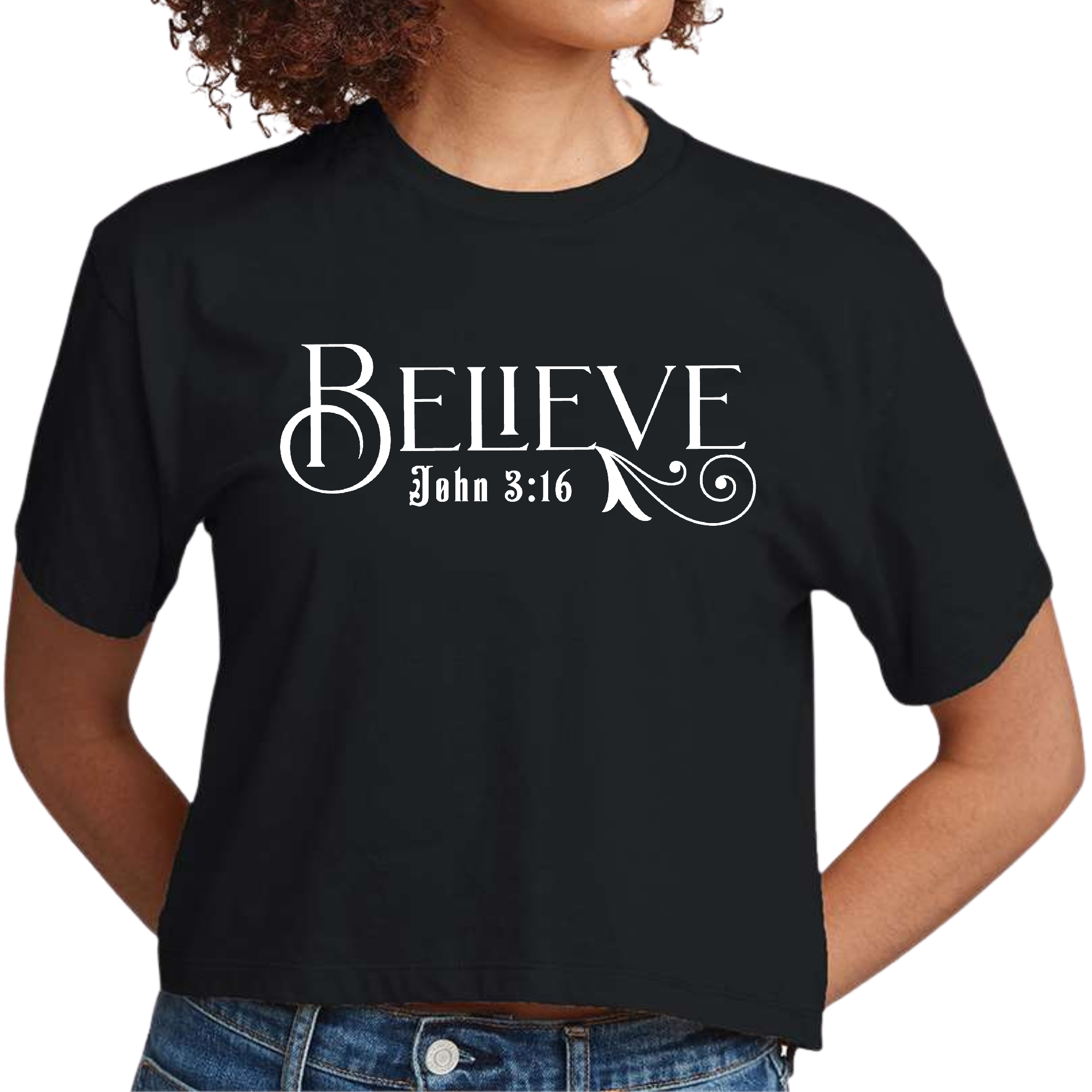 Women's cropped graphic t-shirt featuring the Believe John 3:16 Bible verse print, made from soft preshrunk cotton with a stylish crewneck design.