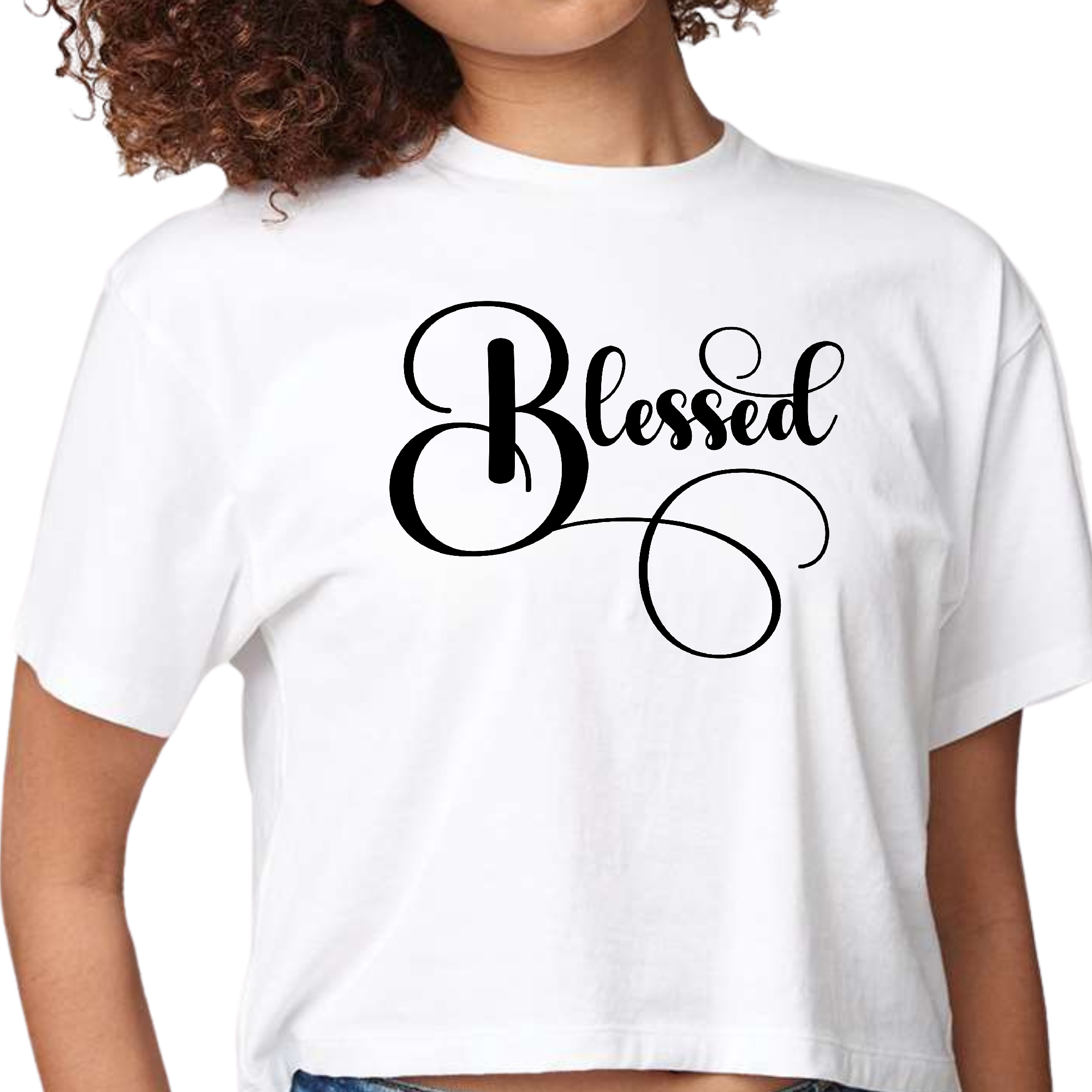 Womens Cropped Graphic T-shirt in black featuring a Blessed graphic illustration, made from soft preshrunk cotton for comfort and style.