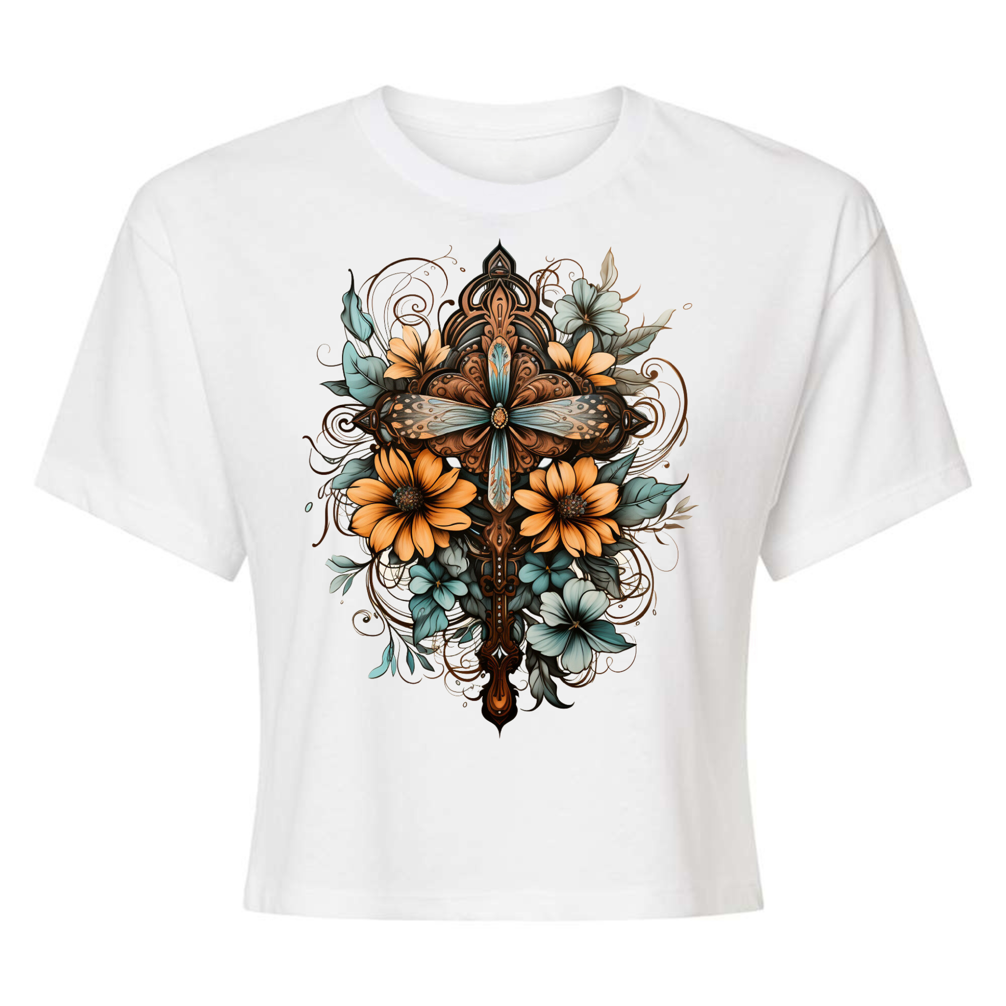 Women's cropped graphic t-shirt featuring a Christian cross floral bouquet design in brown, blue, and yellow colors.