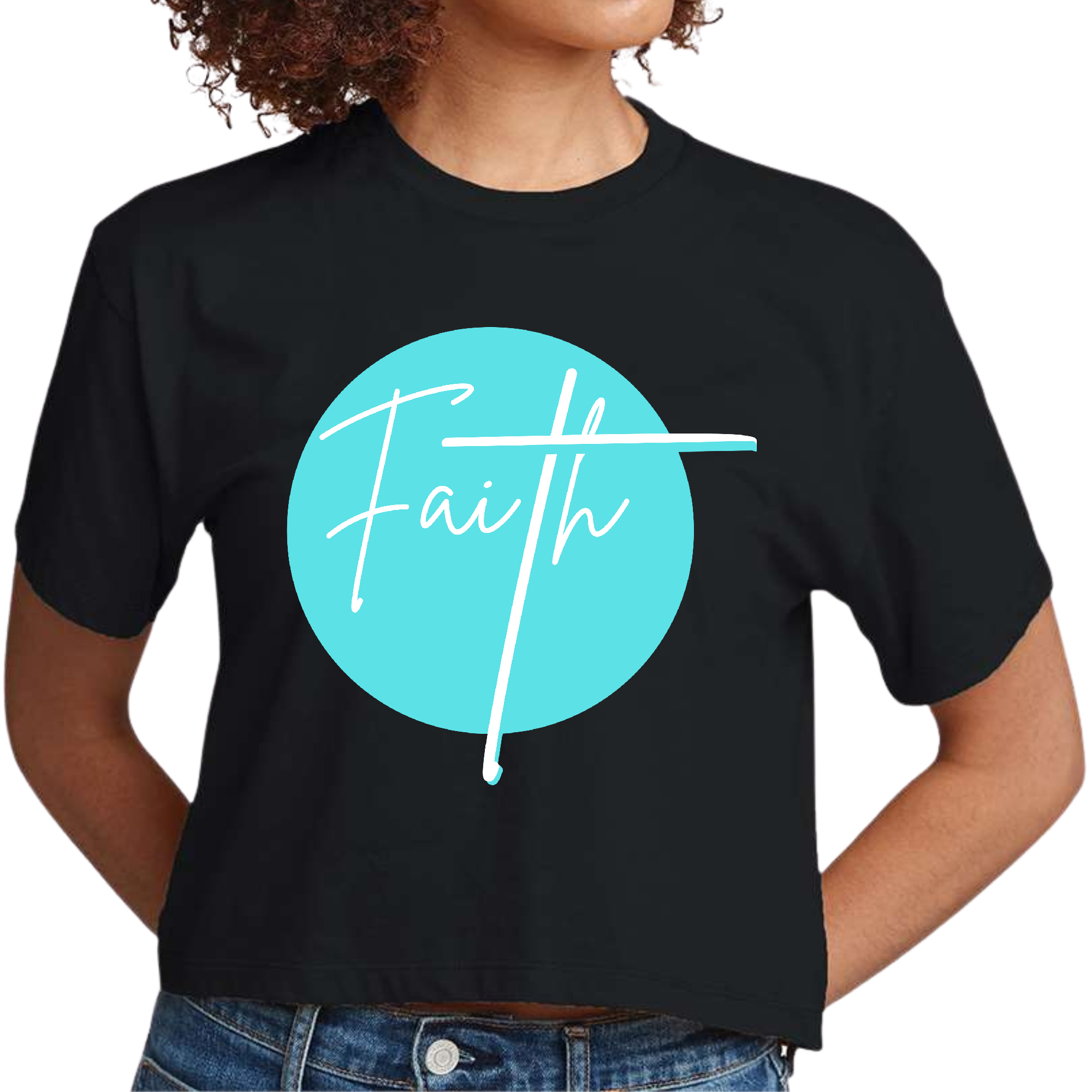 Women's cropped graphic T-shirt in cyan blue featuring a Faith affirmation design, made from soft preshrunk cotton.