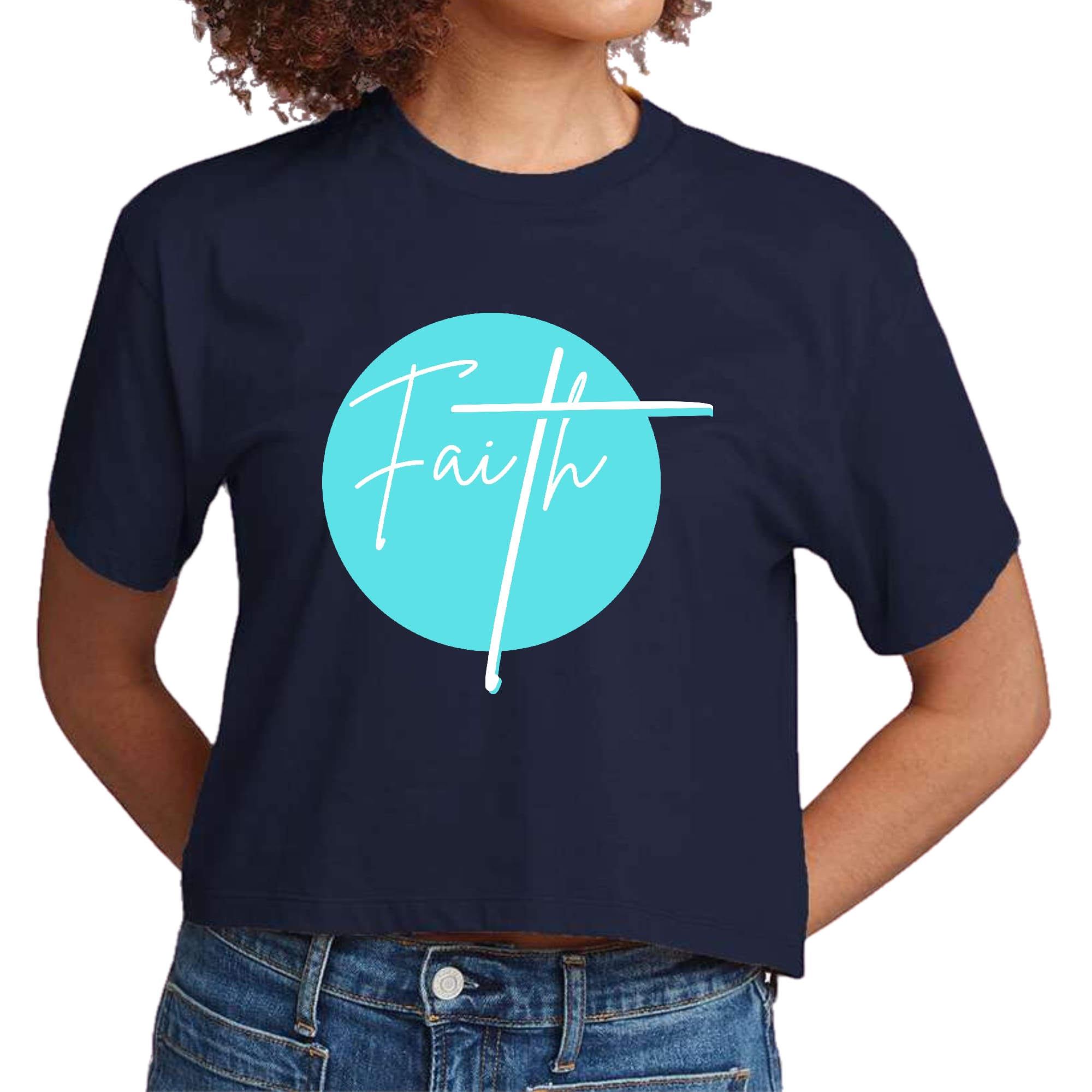 Women's cropped graphic T-shirt in cyan blue featuring a Faith affirmation design, made from soft preshrunk cotton.