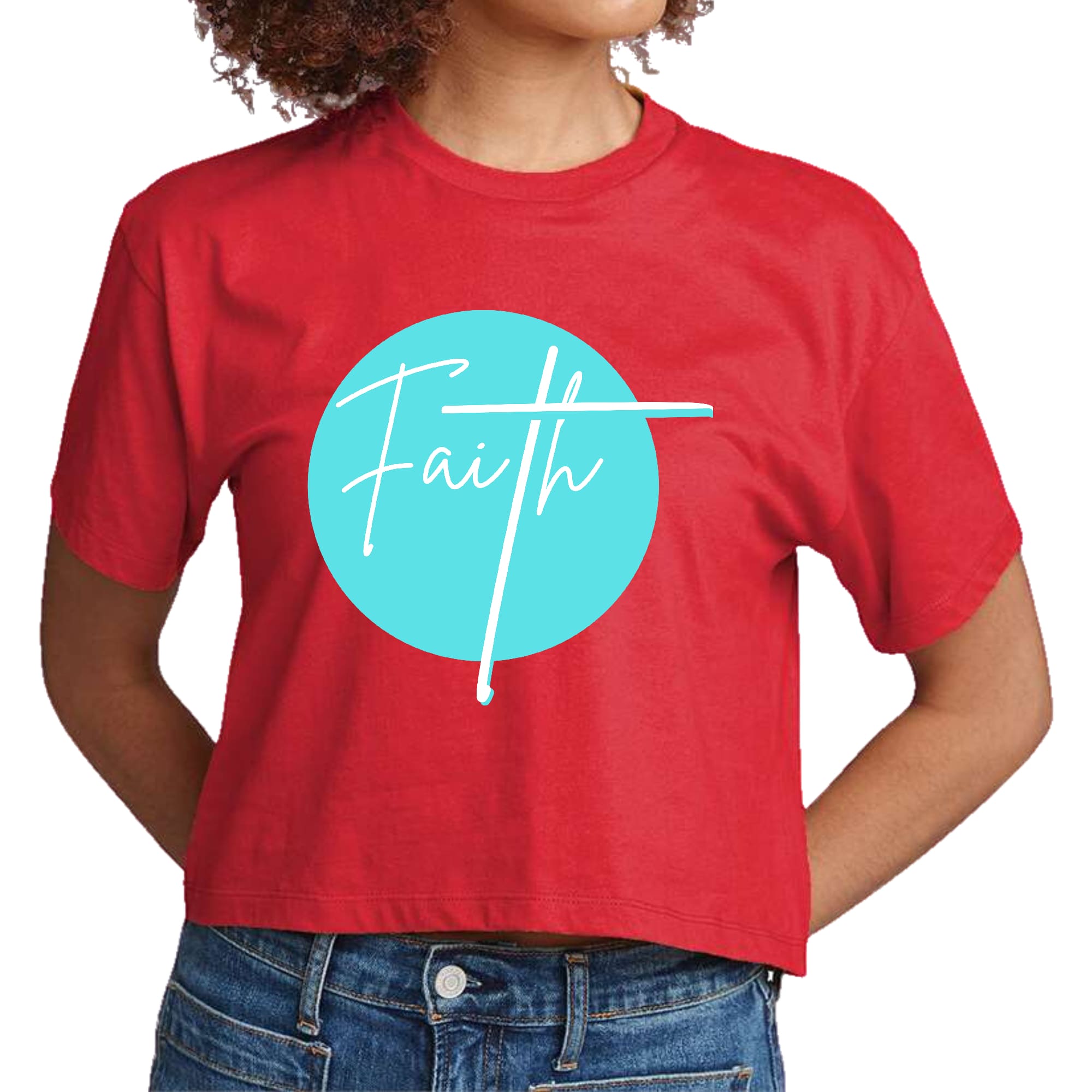 Women's cropped graphic T-shirt in cyan blue featuring a Faith affirmation design, made from soft preshrunk cotton.