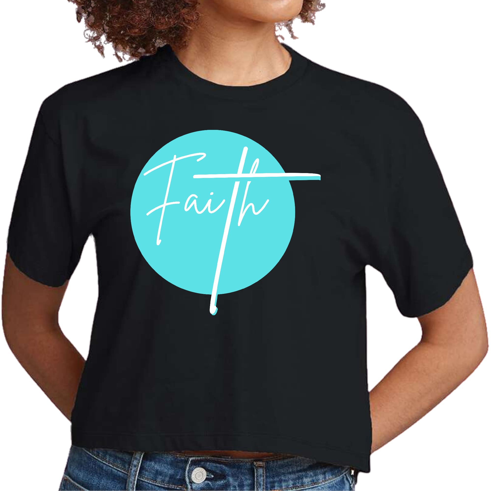 Women's cropped graphic T-shirt in cyan blue featuring a Faith affirmation design, made from soft preshrunk cotton.