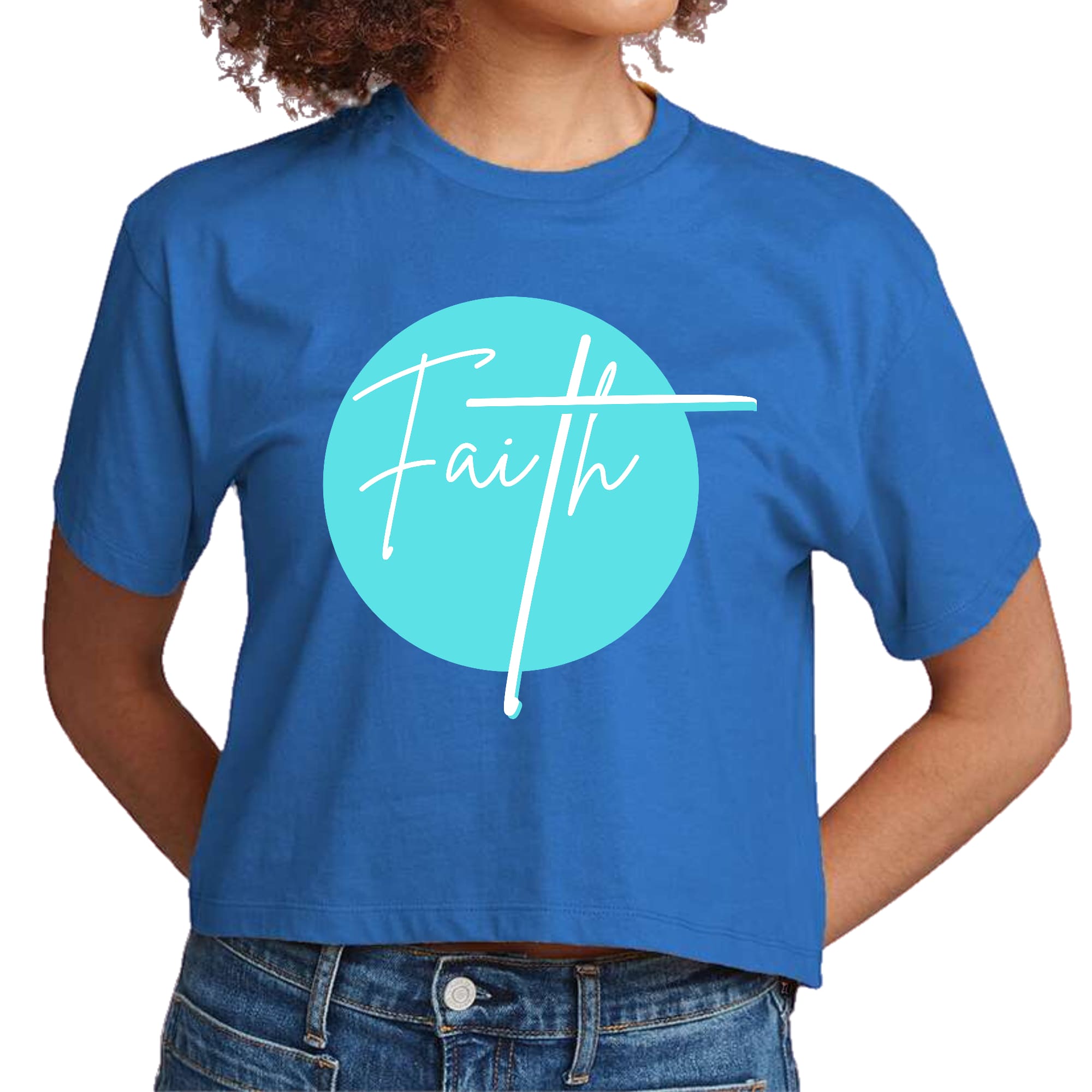 Women's cropped graphic T-shirt in cyan blue featuring a Faith affirmation design, made from soft preshrunk cotton.