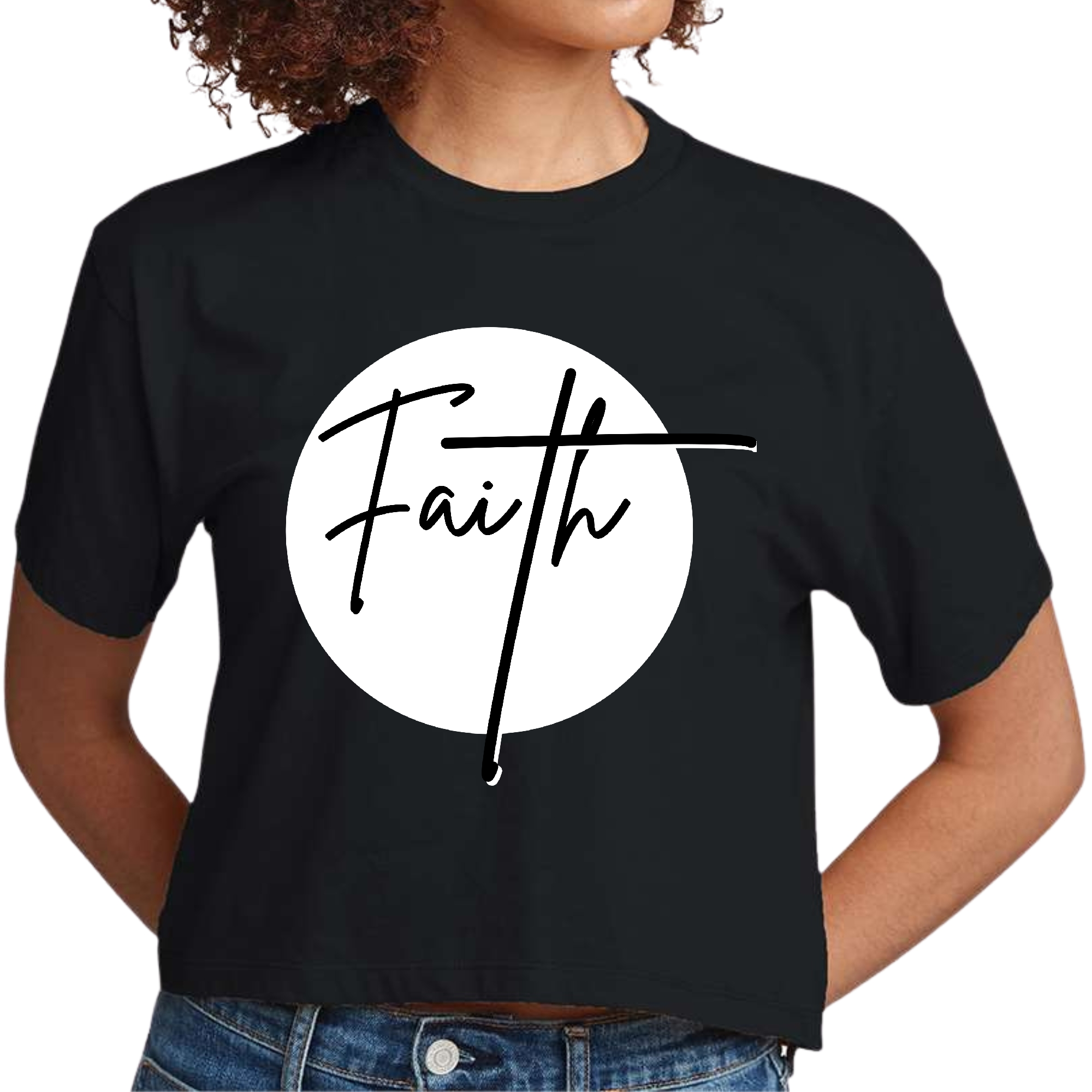 Women's cropped graphic t-shirt in white and black featuring a Faith print, made from soft preshrunk cotton with a classic fit.