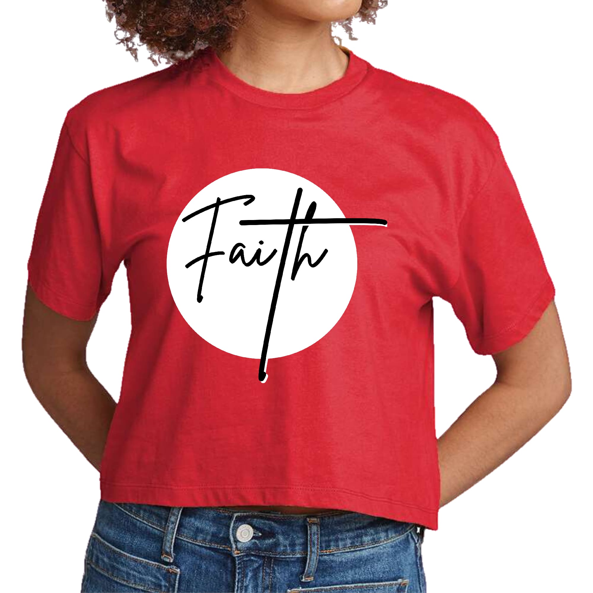 Women's cropped graphic t-shirt in white and black featuring a Faith print, made from soft preshrunk cotton with a classic fit.