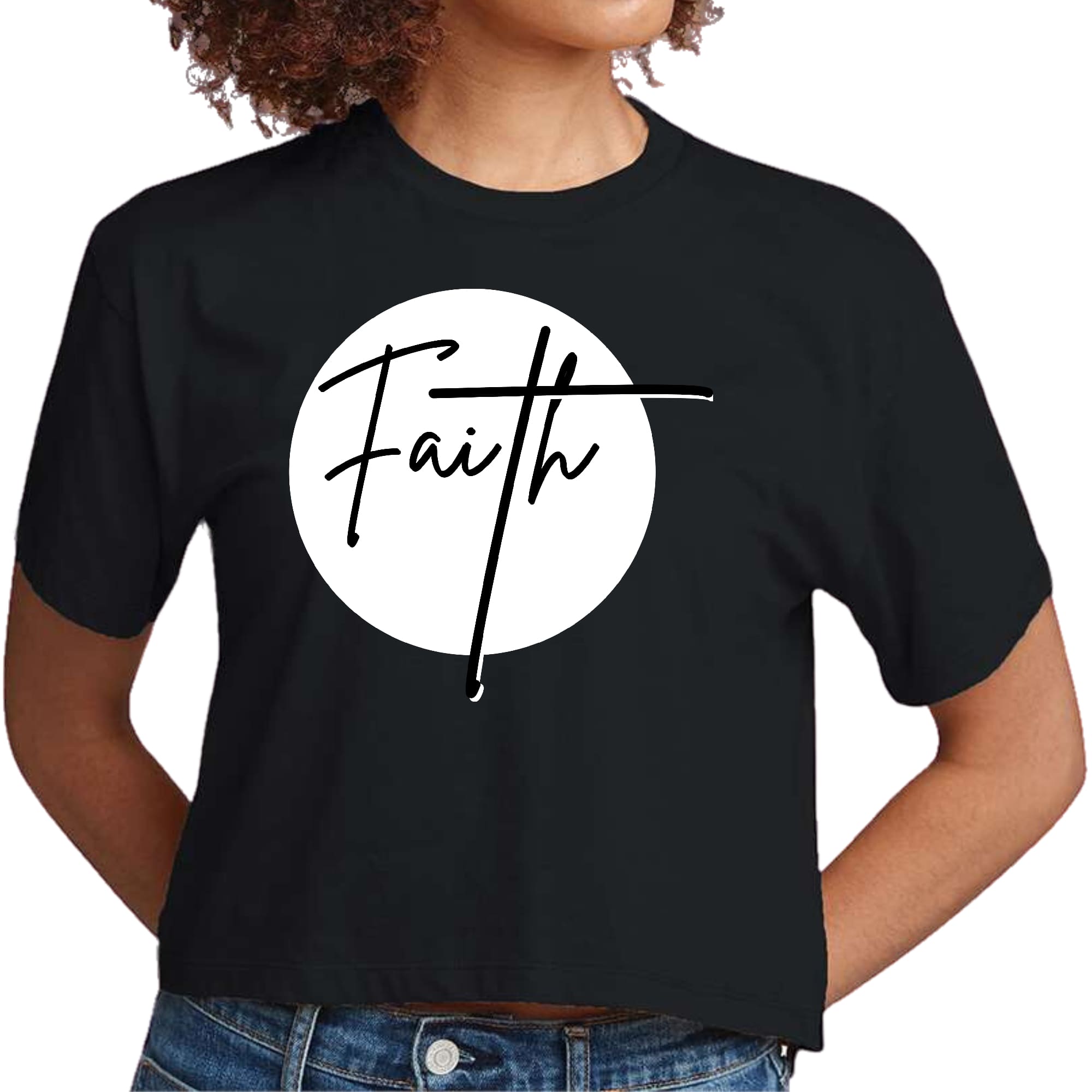 Women's cropped graphic t-shirt in white and black featuring a Faith print, made from soft preshrunk cotton with a classic fit.