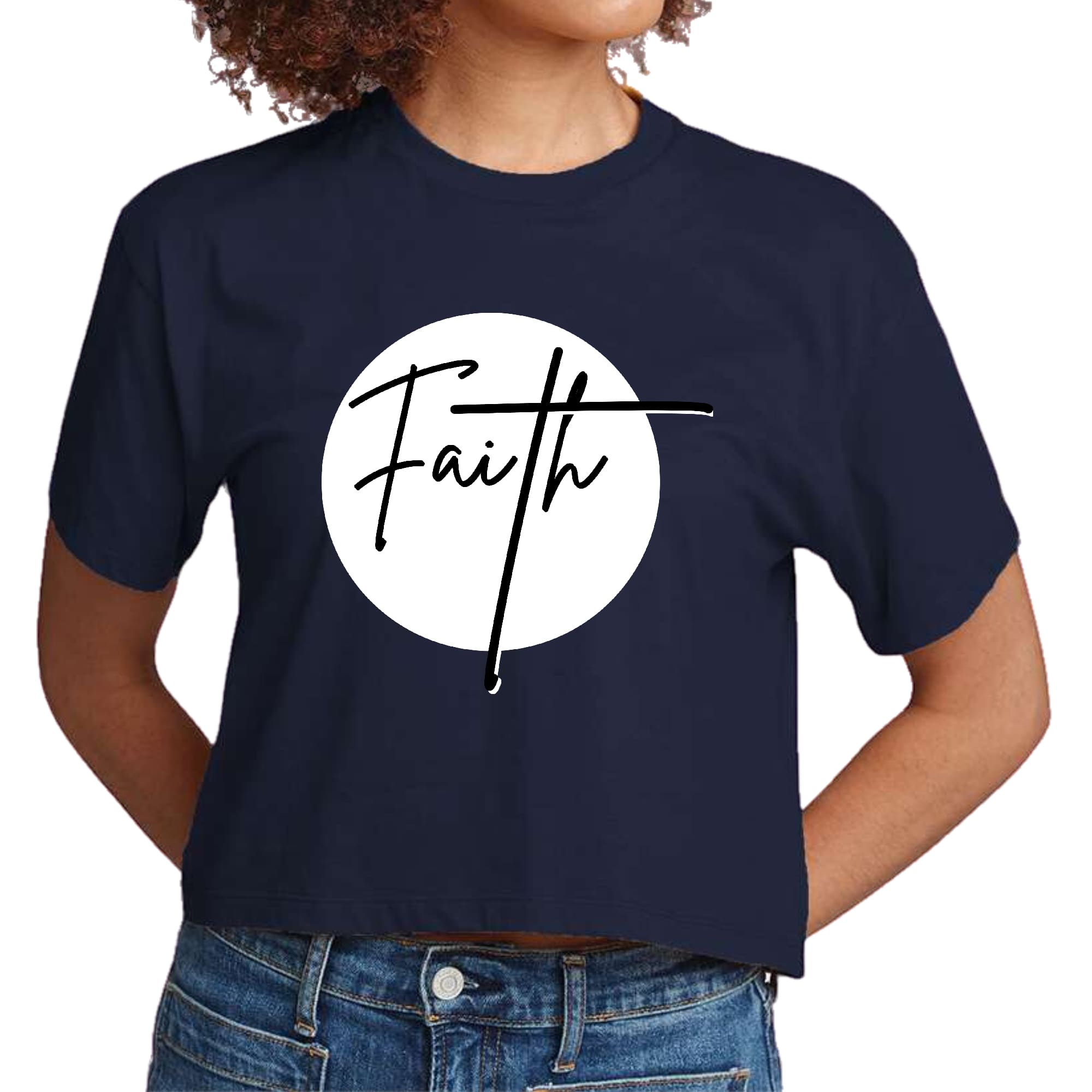 Women's cropped graphic t-shirt in white and black featuring a Faith print, made from soft preshrunk cotton with a classic fit.