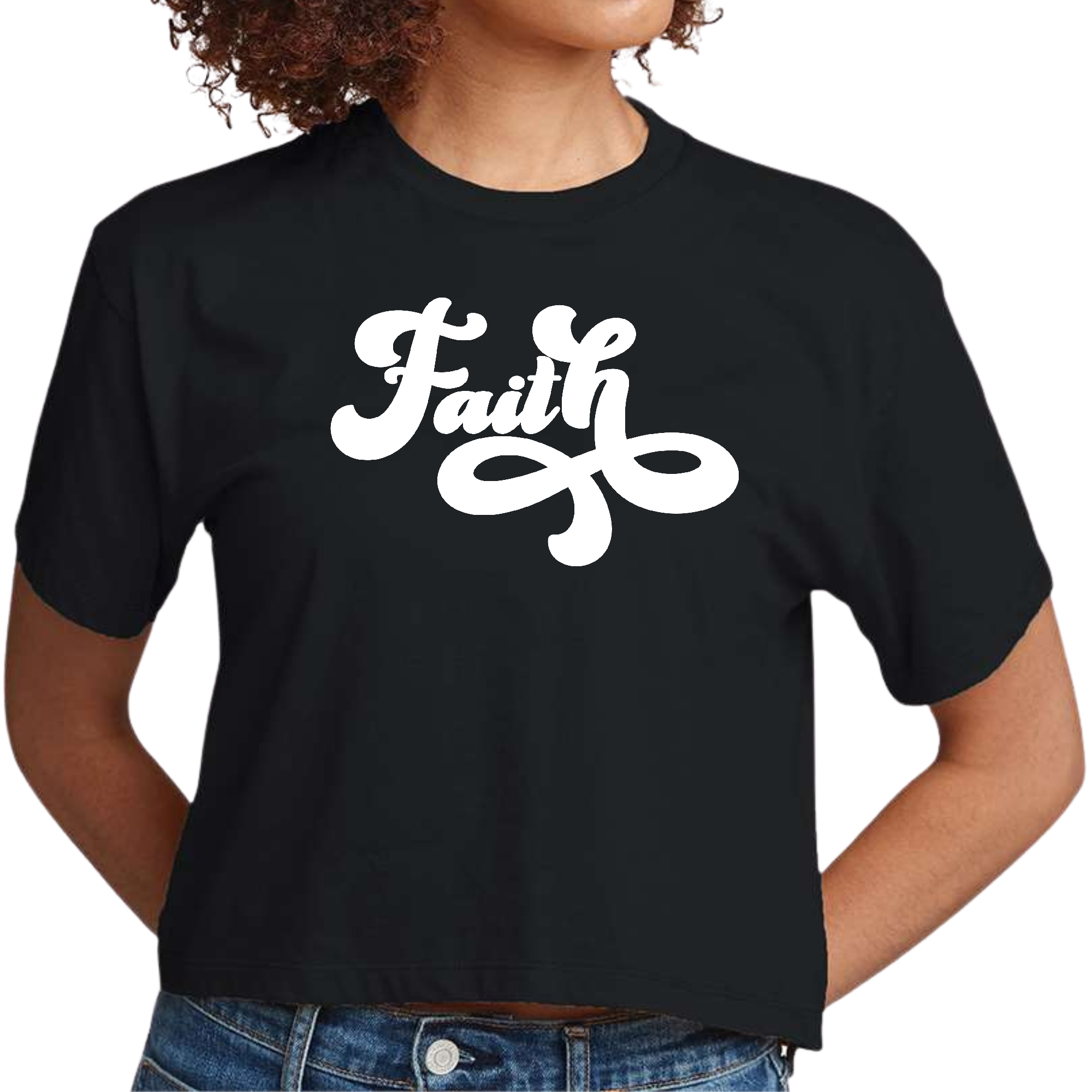 Women's cropped graphic t-shirt featuring a stylish Faith Script illustration in a soft cotton fabric.