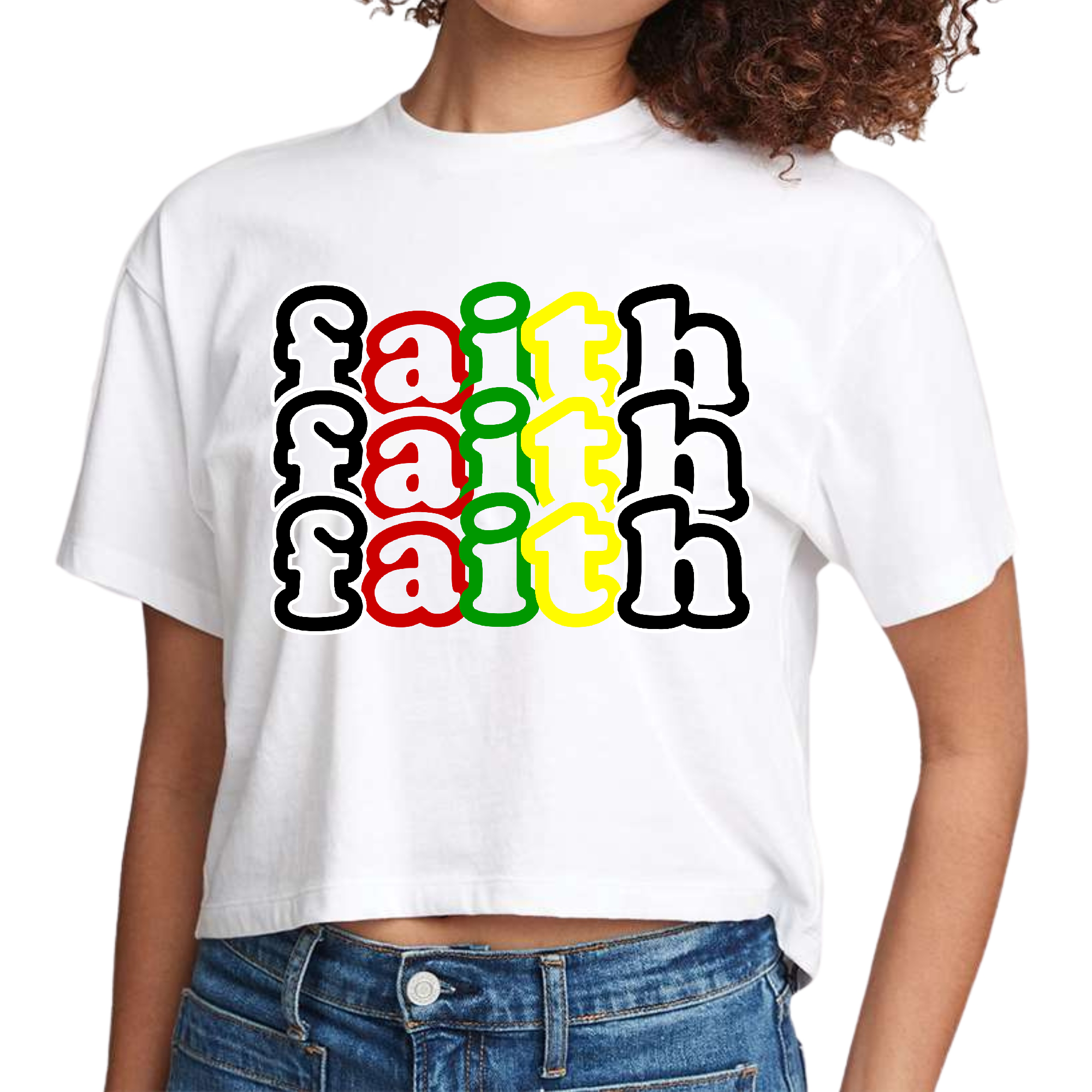 Womens Cropped Graphic T-shirt in black featuring a colorful Faith Stack design, showcasing its soft fabric and stylish cut.