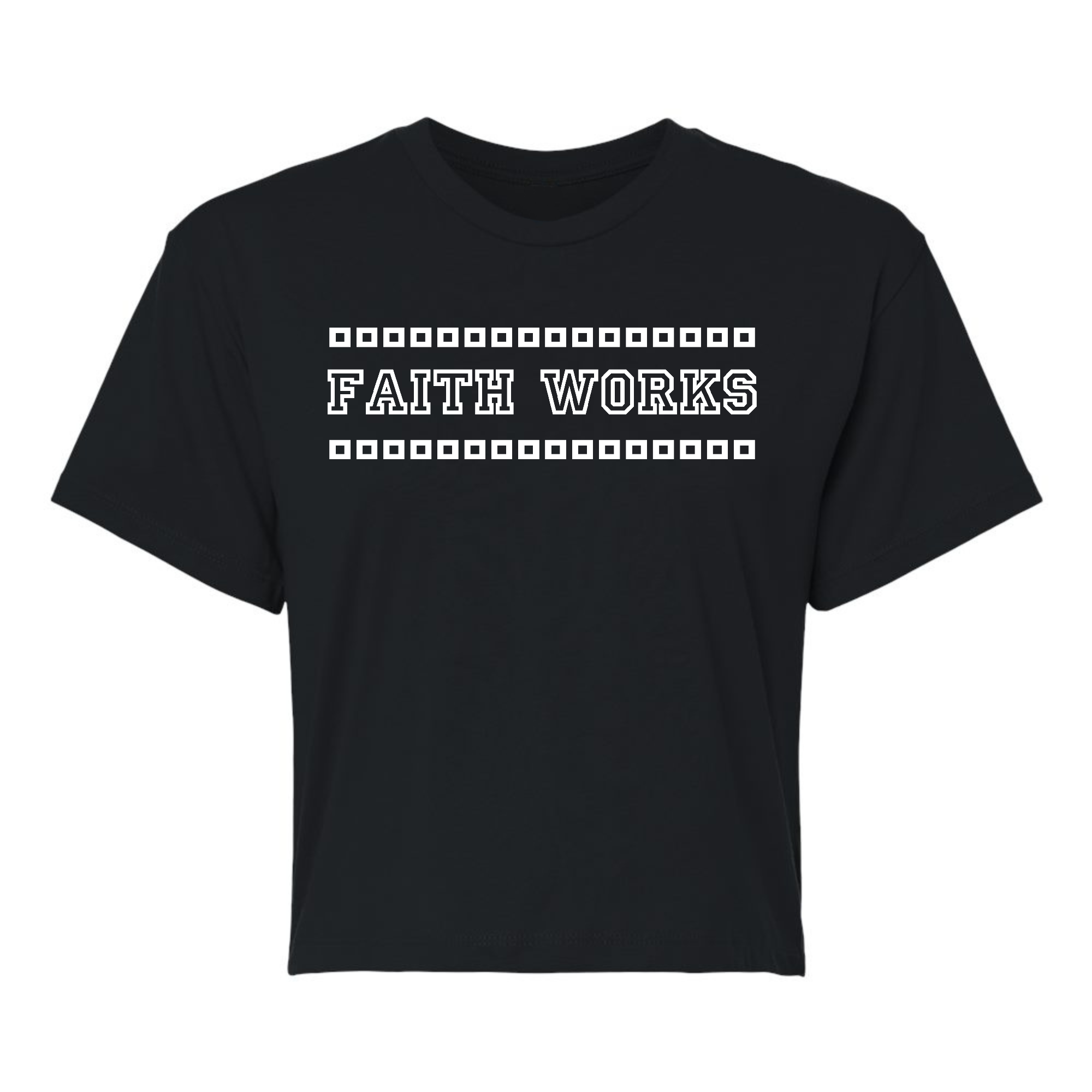 Women's Cropped Graphic T-shirt featuring Faith Works illustration, made from soft preshrunk cotton with a classic fit.