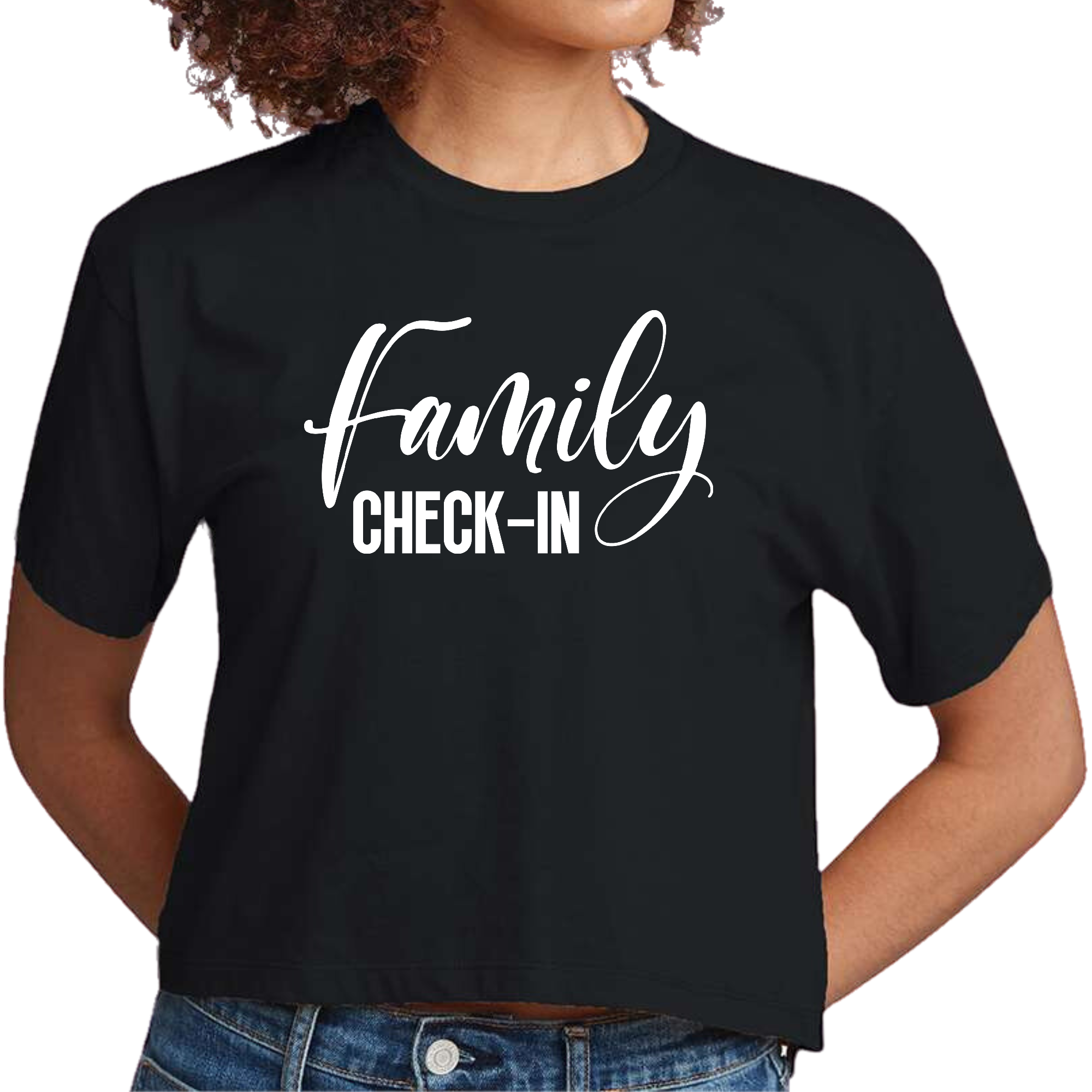 Womens Cropped Graphic T-shirt featuring a vibrant Family Check-in illustration, showcasing a modern and artistic design.