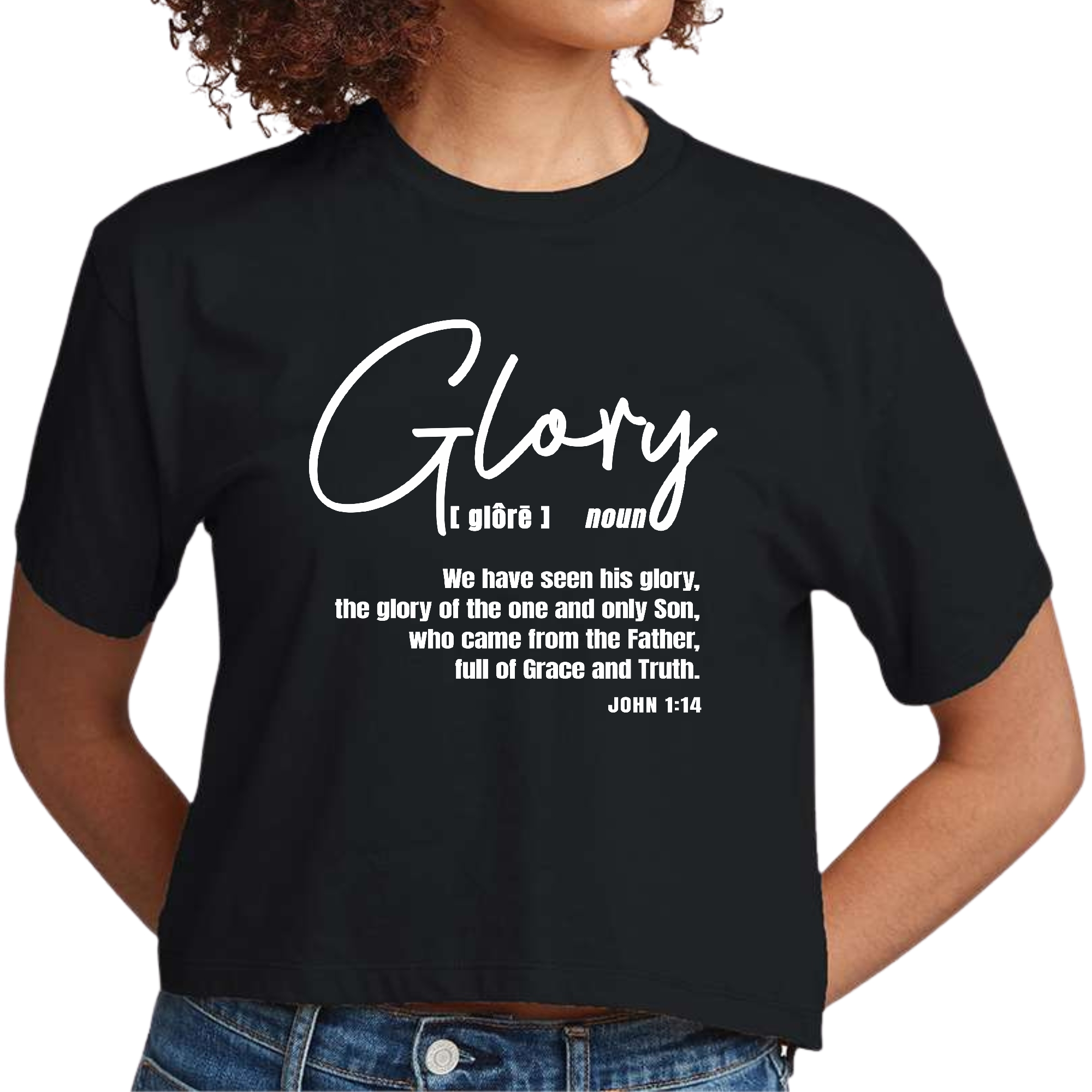 Women's cropped graphic t-shirt featuring Christian inspiration, made from soft cotton with a stylish design.