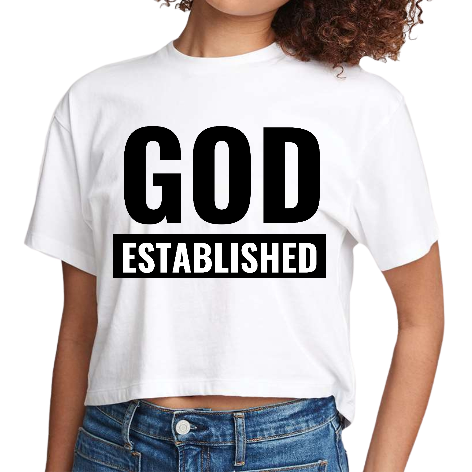 Women's cropped graphic t-shirt in black featuring 'God Established' inspirational text, made from soft preshrunk cotton.