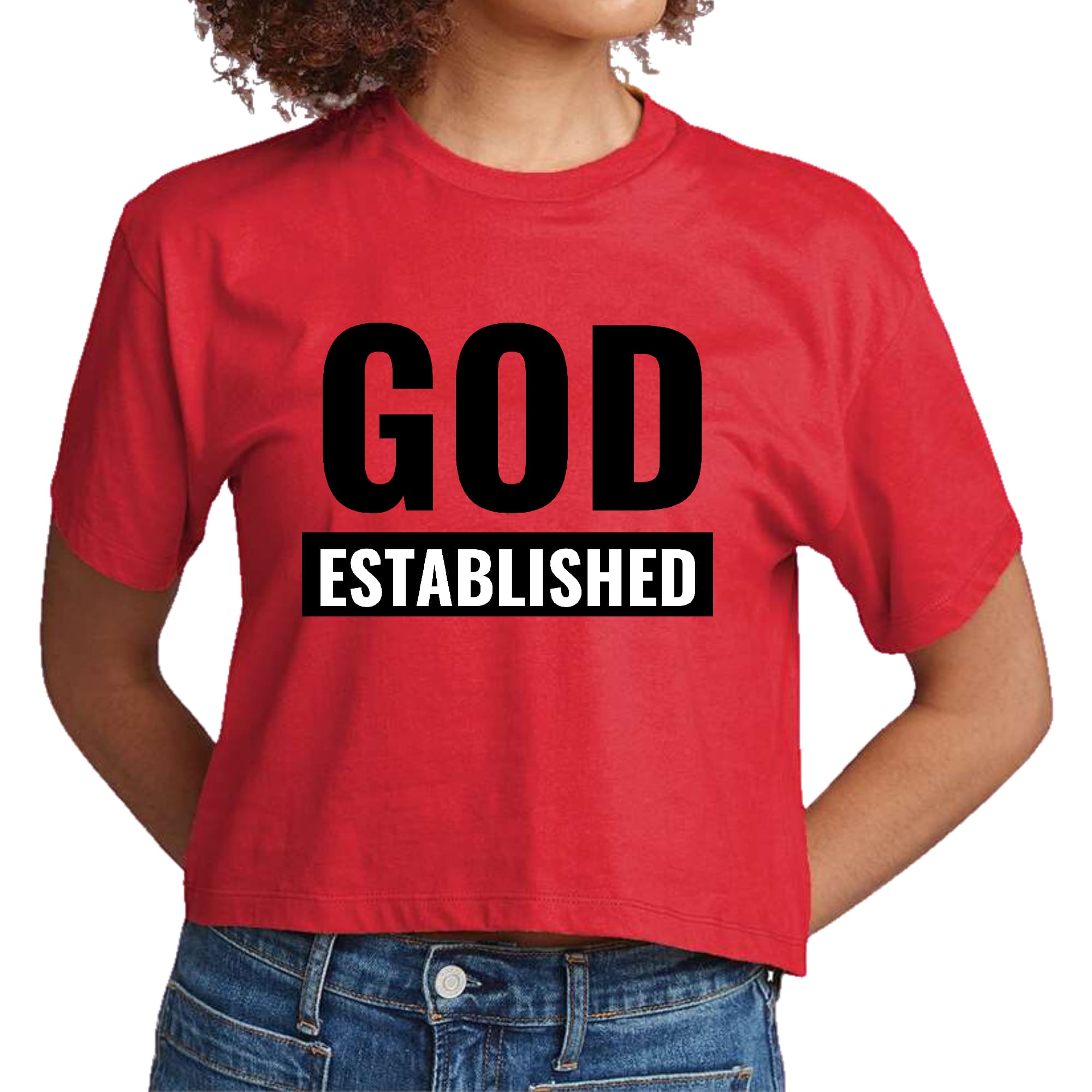 Women's cropped graphic t-shirt in black featuring 'God Established' inspirational text, made from soft preshrunk cotton.