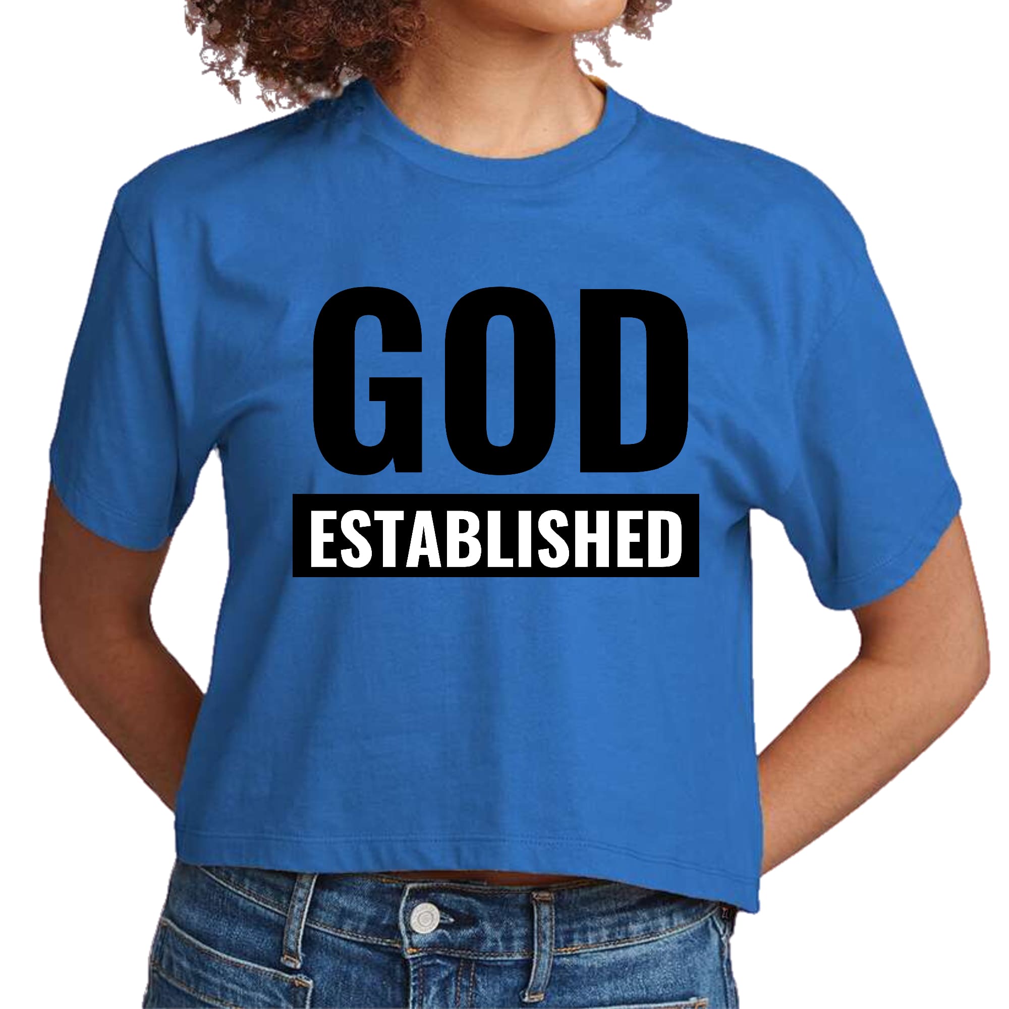 Women's cropped graphic t-shirt in black featuring 'God Established' inspirational text, made from soft preshrunk cotton.